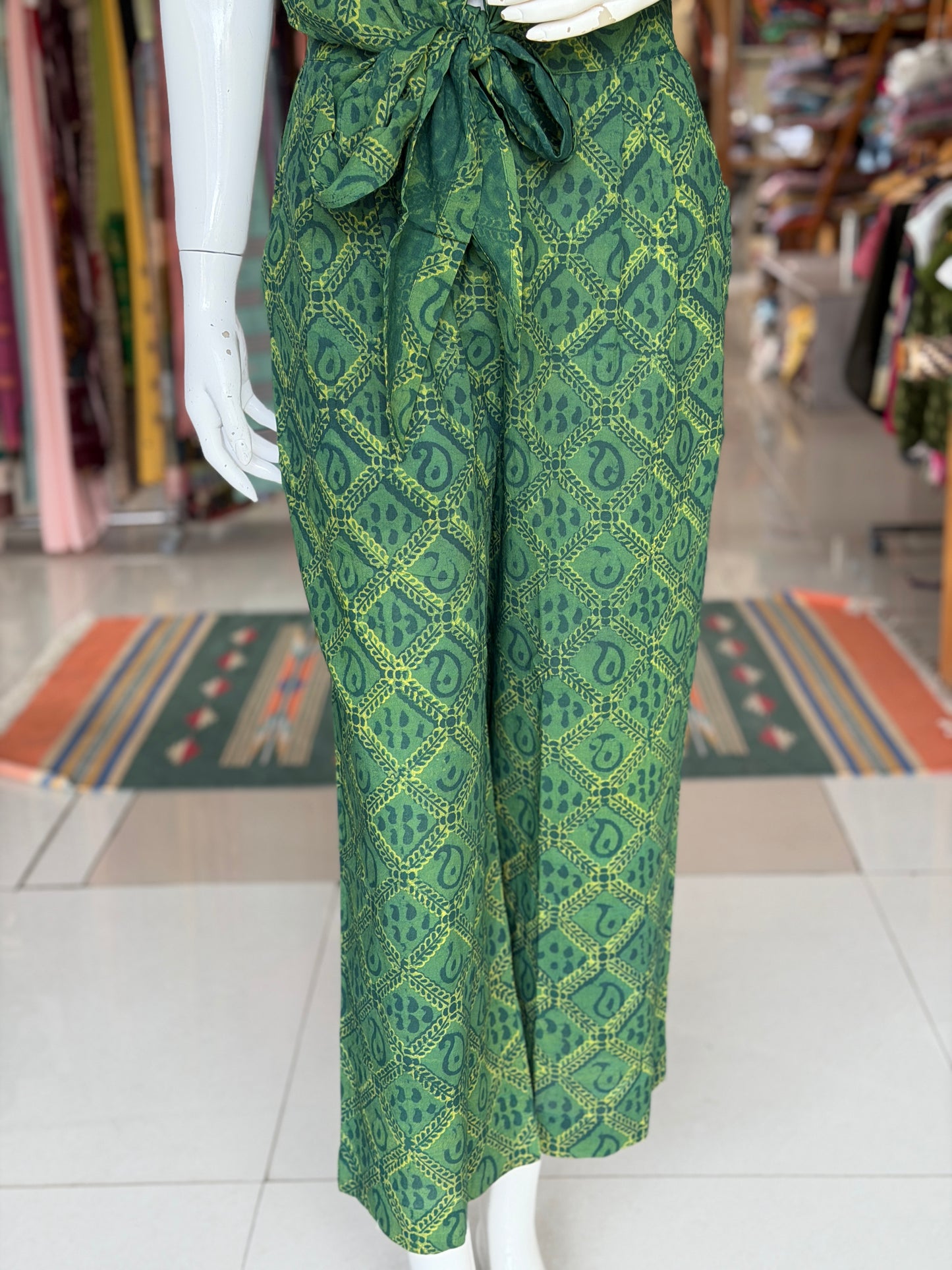 Green hand block printed knotted collared cotton top and pants coord set