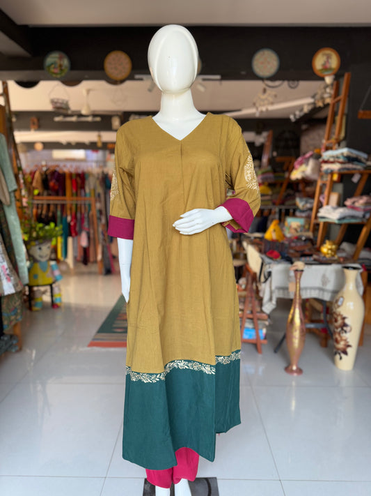 Shades of green hand spun, hand woven, embroidered relaxed fit cotton kurta and fancy skirt style wrap pants set