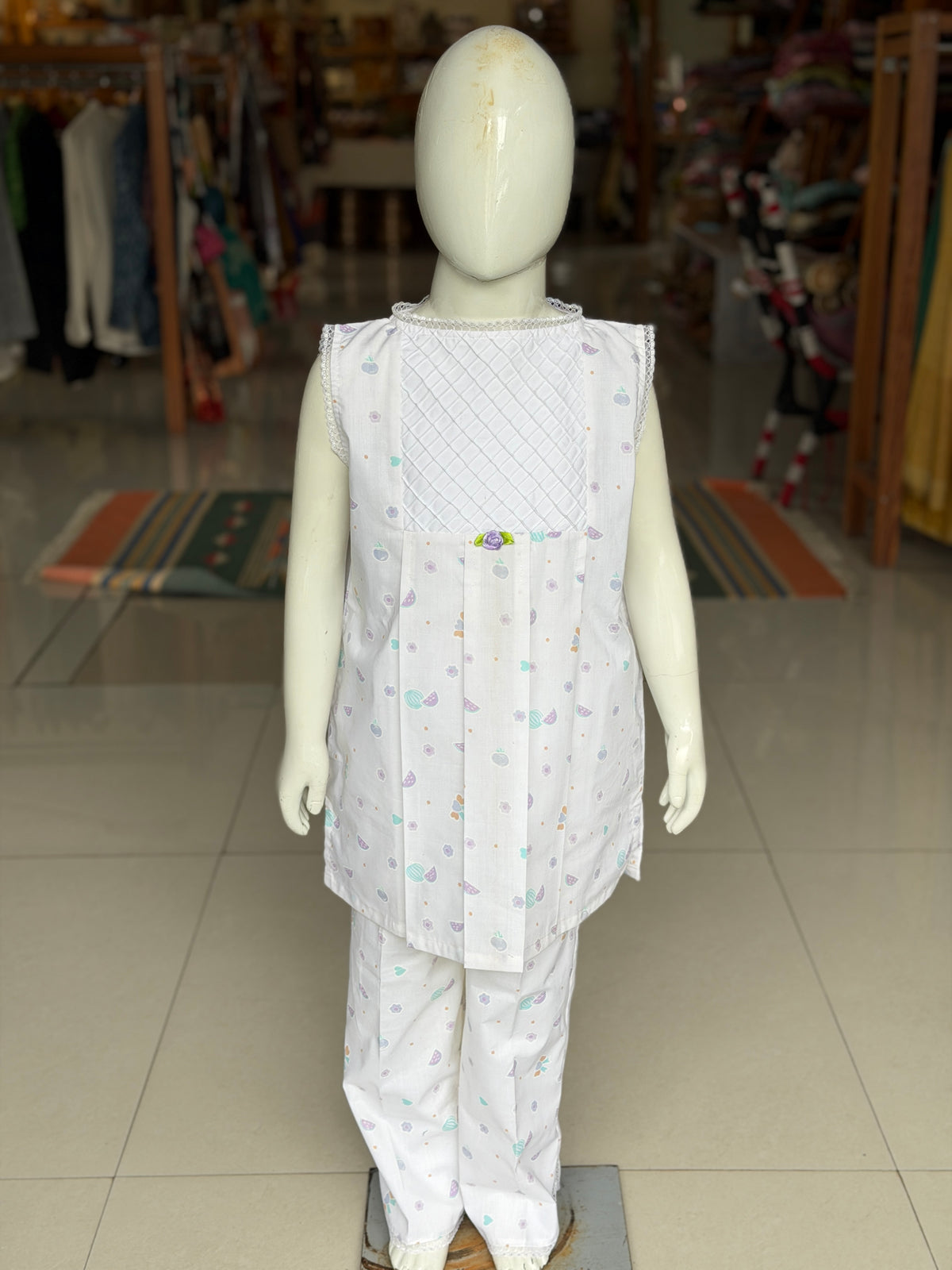 White fairy - fruits print cotton lounge wear / night suit set - 2 piece shirt n pants set with pintucks and lace detailing