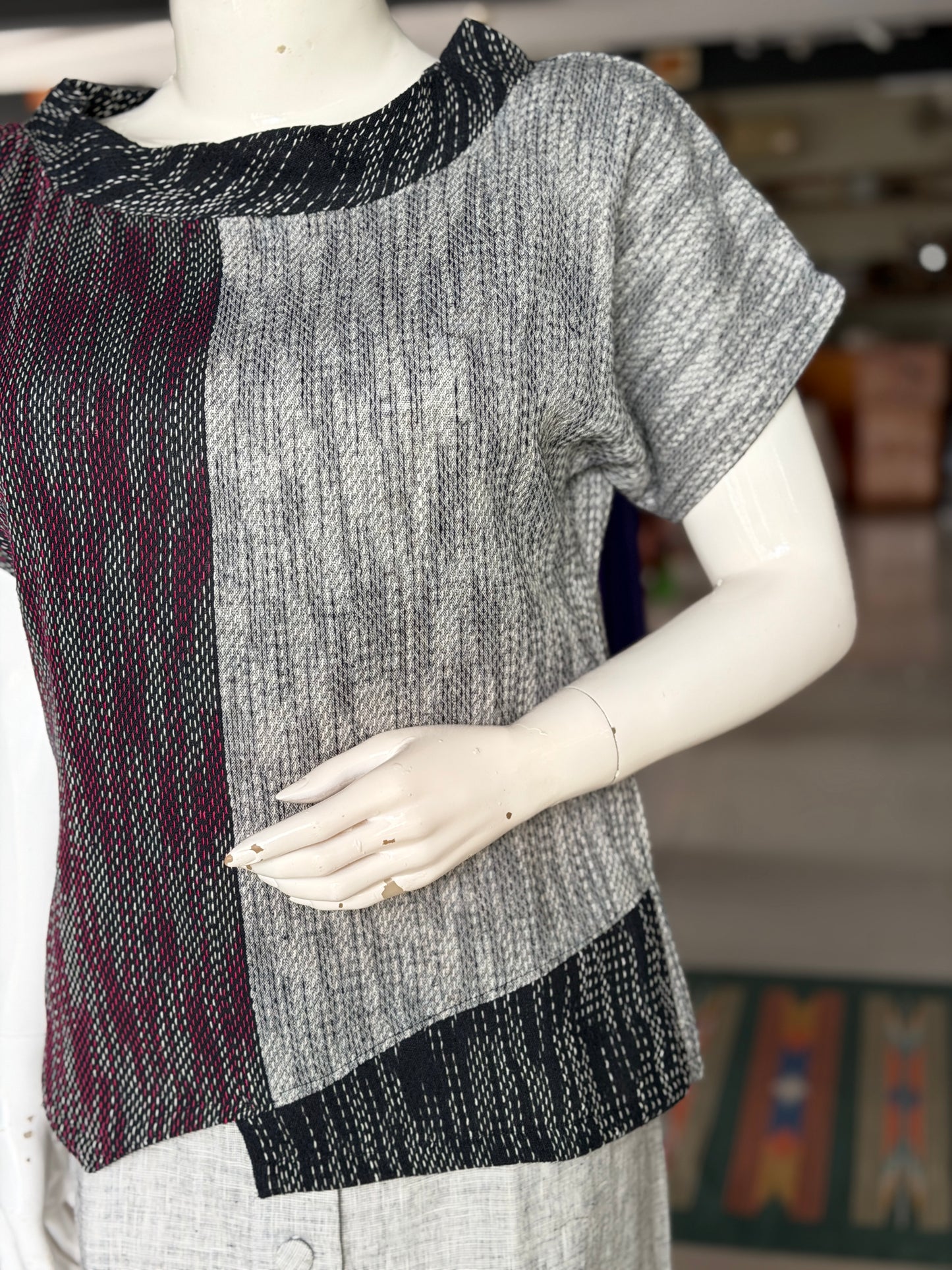 Grey, maroon n black - hand spun, handwoven cotton top with woven thread kantha