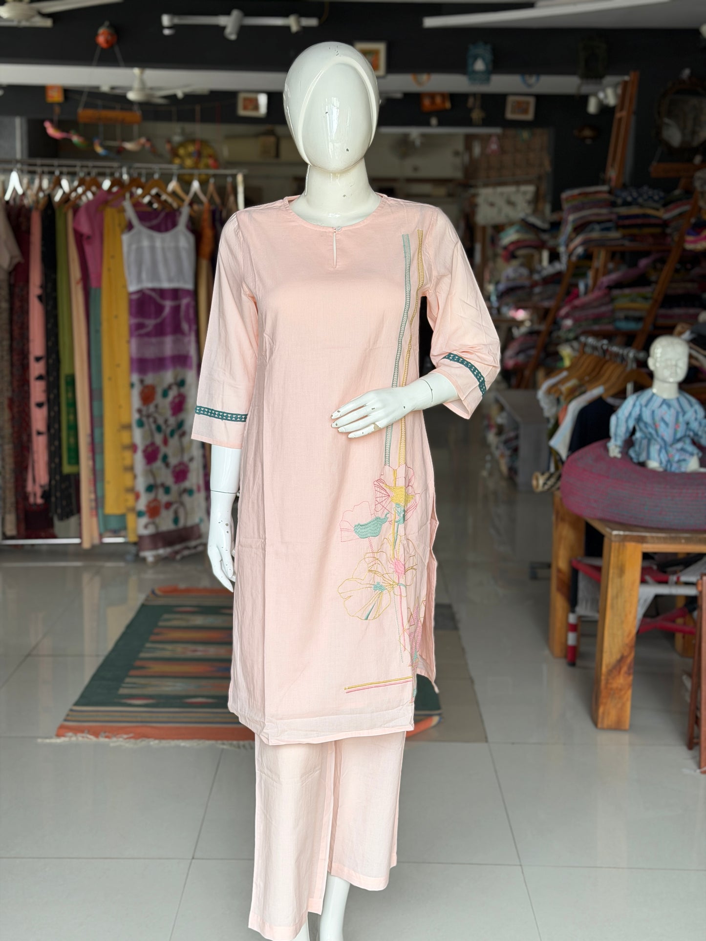 Light pink floral kurti, pants - 2 piece coord set