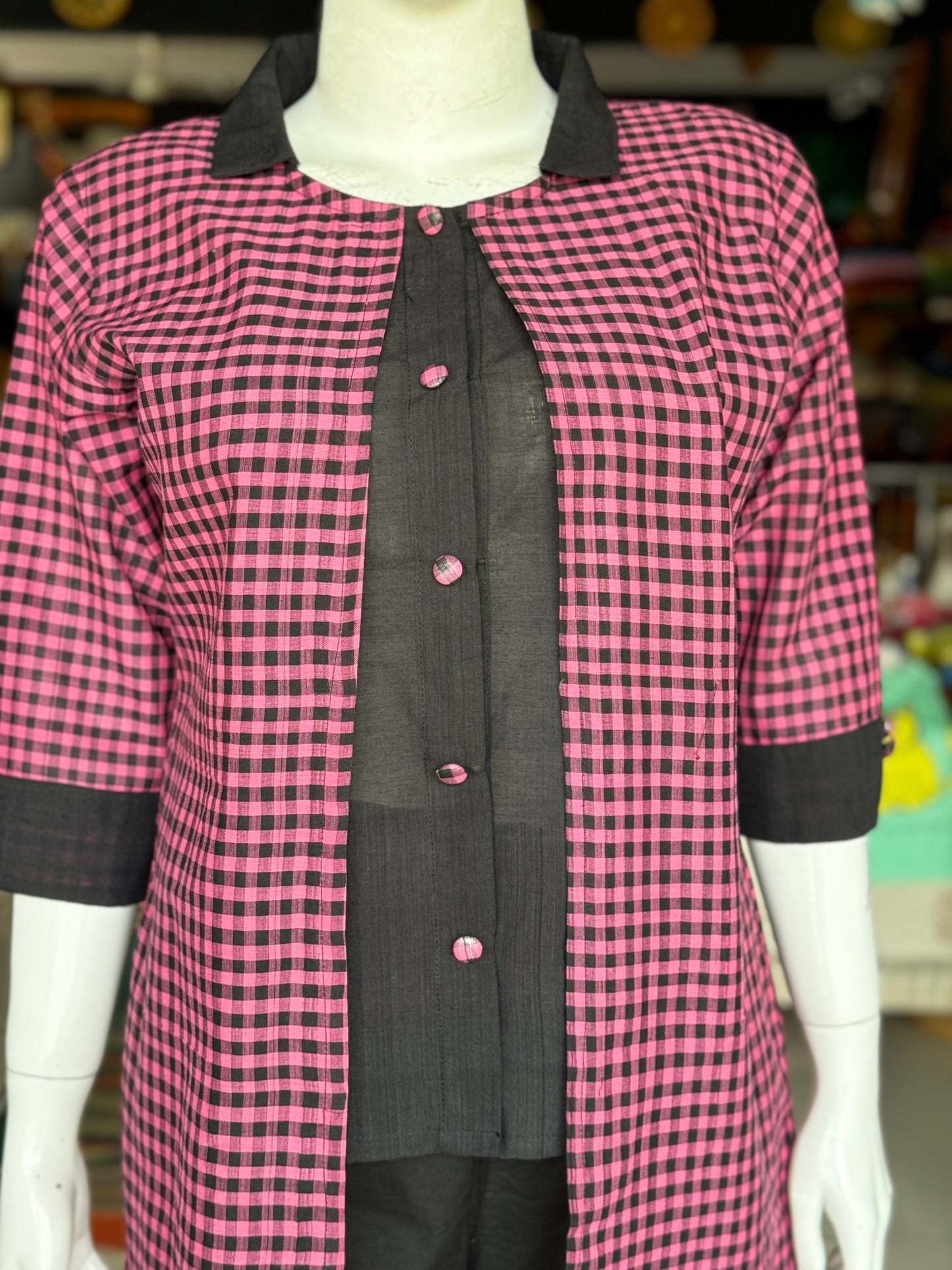 Pink and black checks handloom cotton shirt tunic with fabric buttons