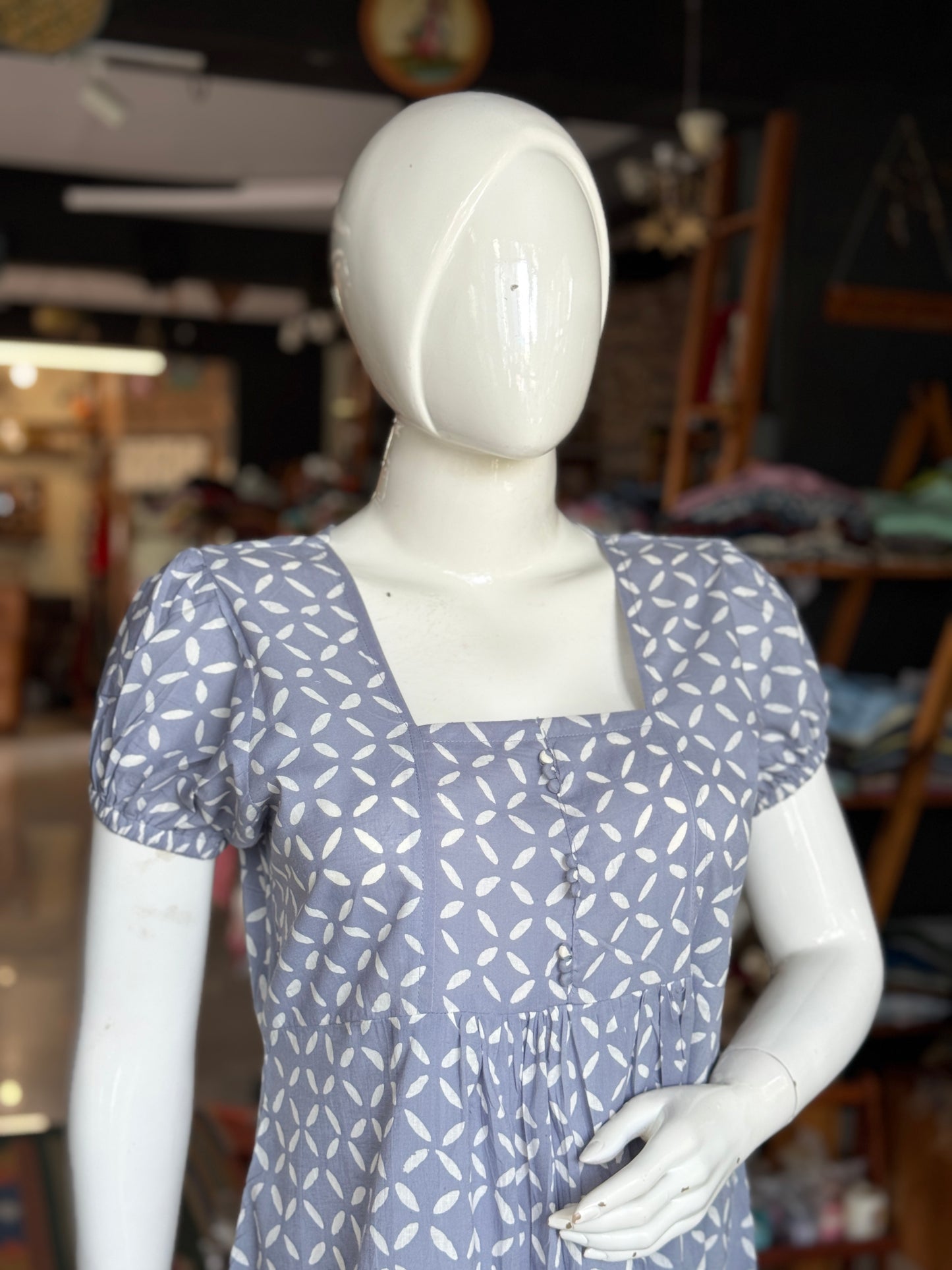 Grey petals design hand block printed cotton dress with puff sleeves