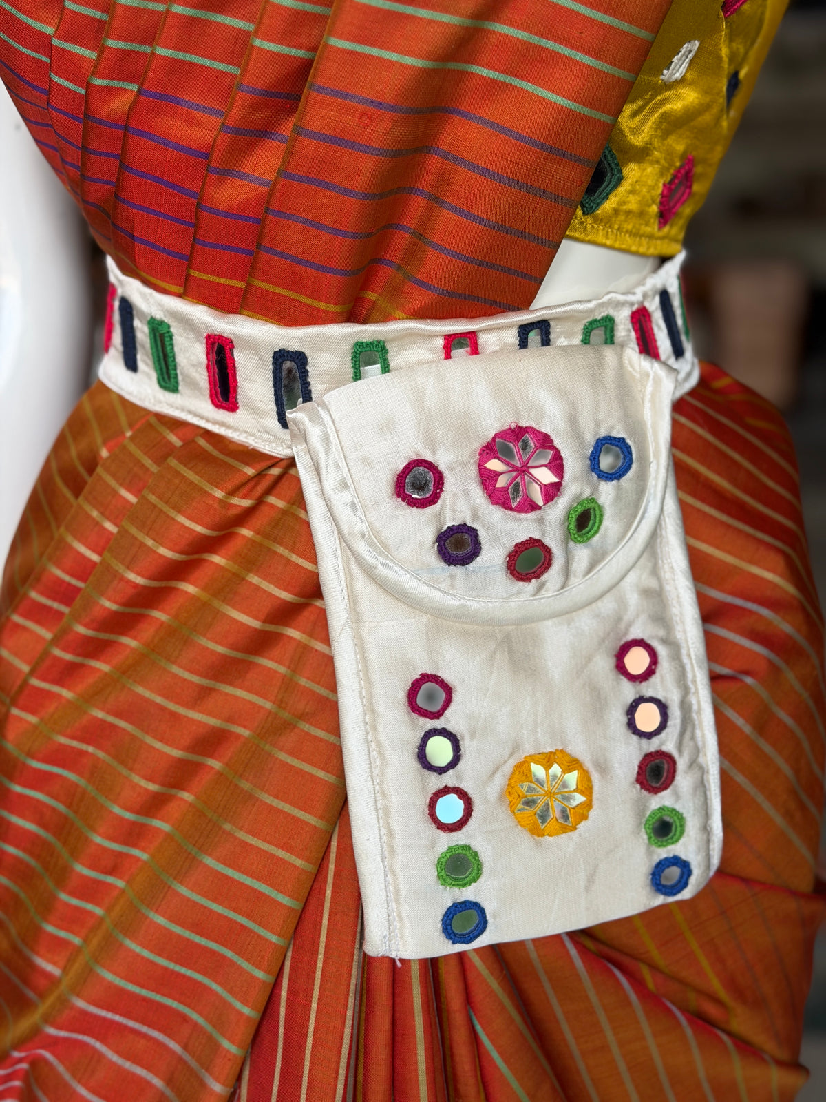 Mashru belt with attached phone pouch - hand embroidered mirror work