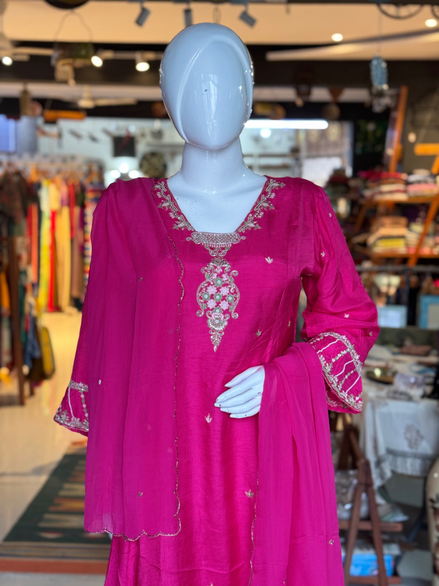 Bright pink dola silk hand embroidered 3 piece suit set with organza dupatta - festive wear set