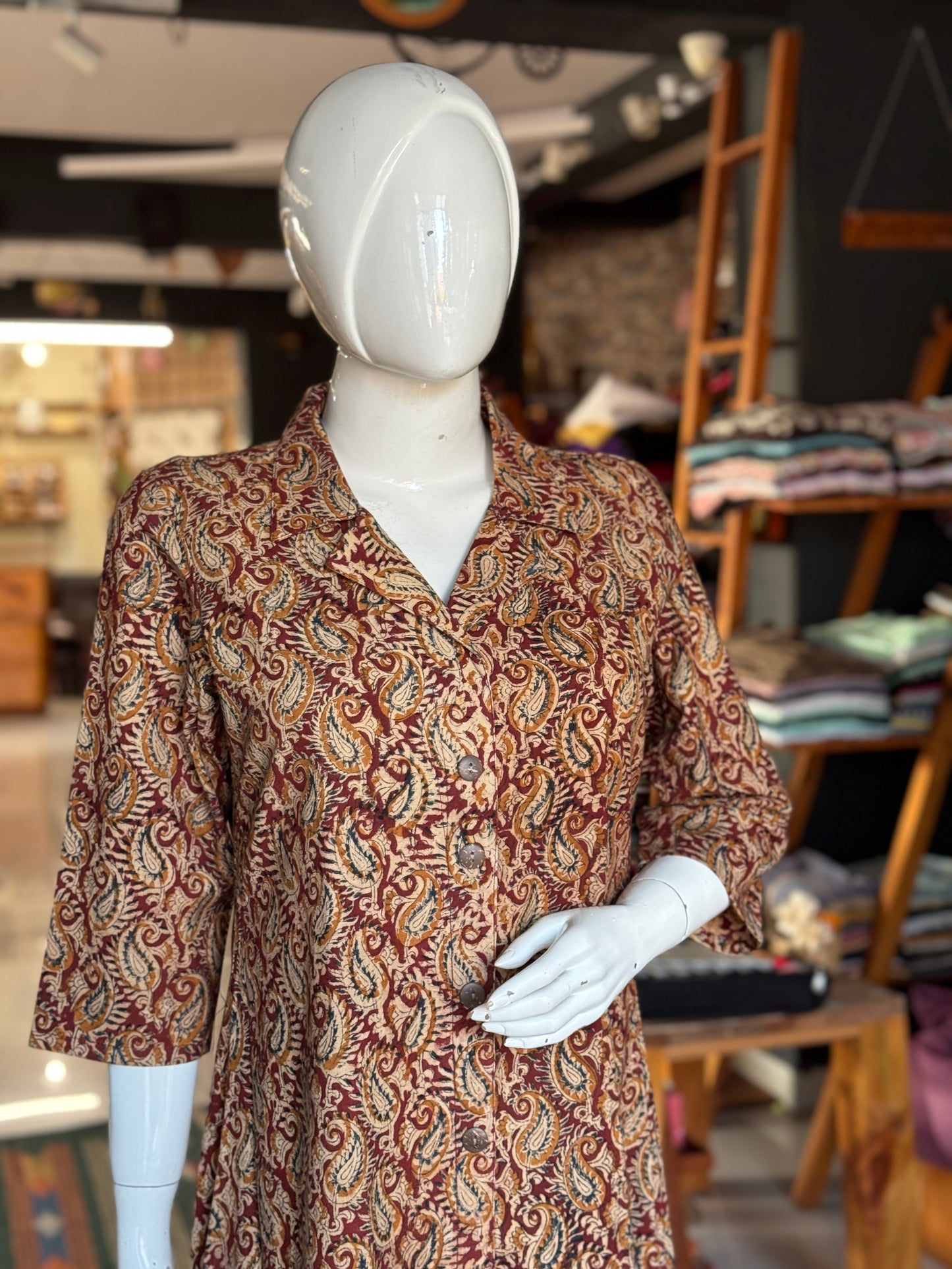 Kalamkari hand block printed collared dress -  Freedom fabric kurti - Hand spun, hand woven, hand block printed cotton