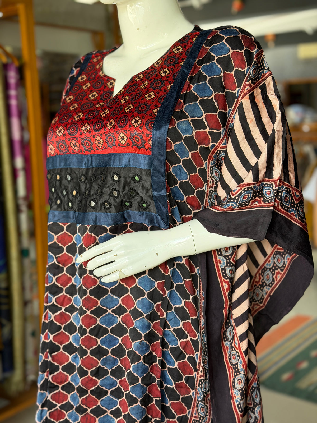 Ajrakh modal free size kaftan with mirror embroidery and patch work yoke