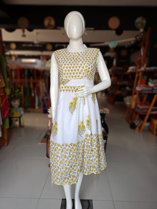 White n refreshing yellow hand block printed cotton dress with pleats at waist