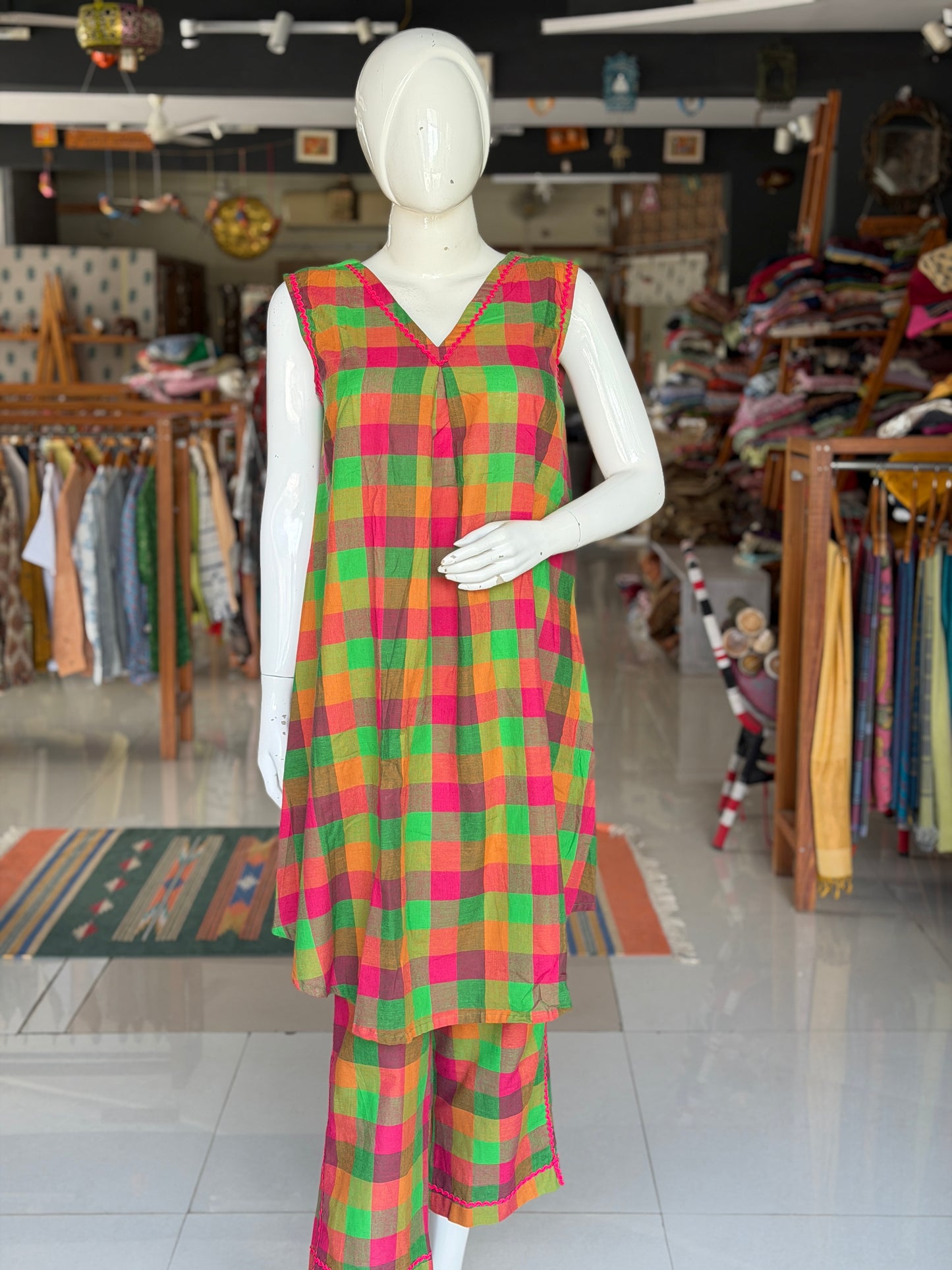 Colorful checks with lace details cotton coord set