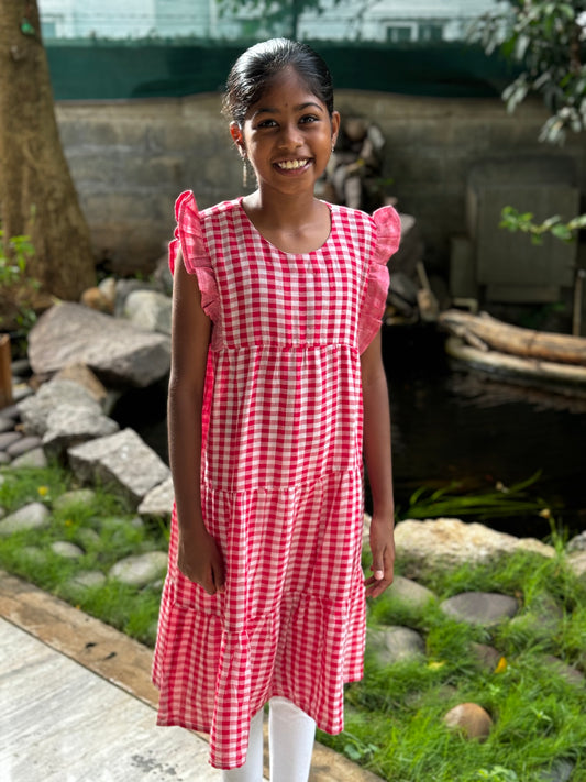 Red and white checks soft cotton gamcha frock for girls