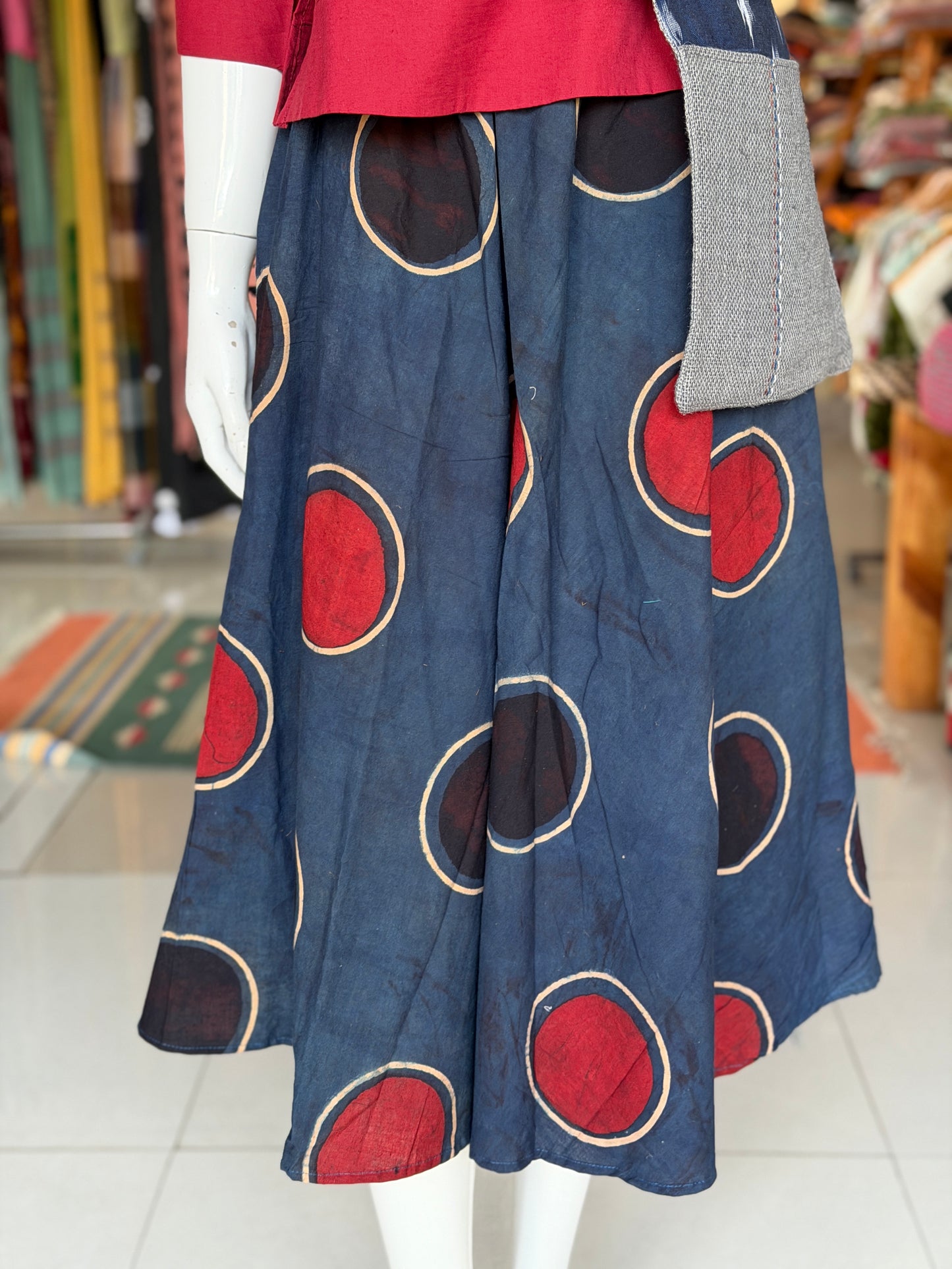 Calf length midi cotton skirt in Indigo Ajrakh - circles design