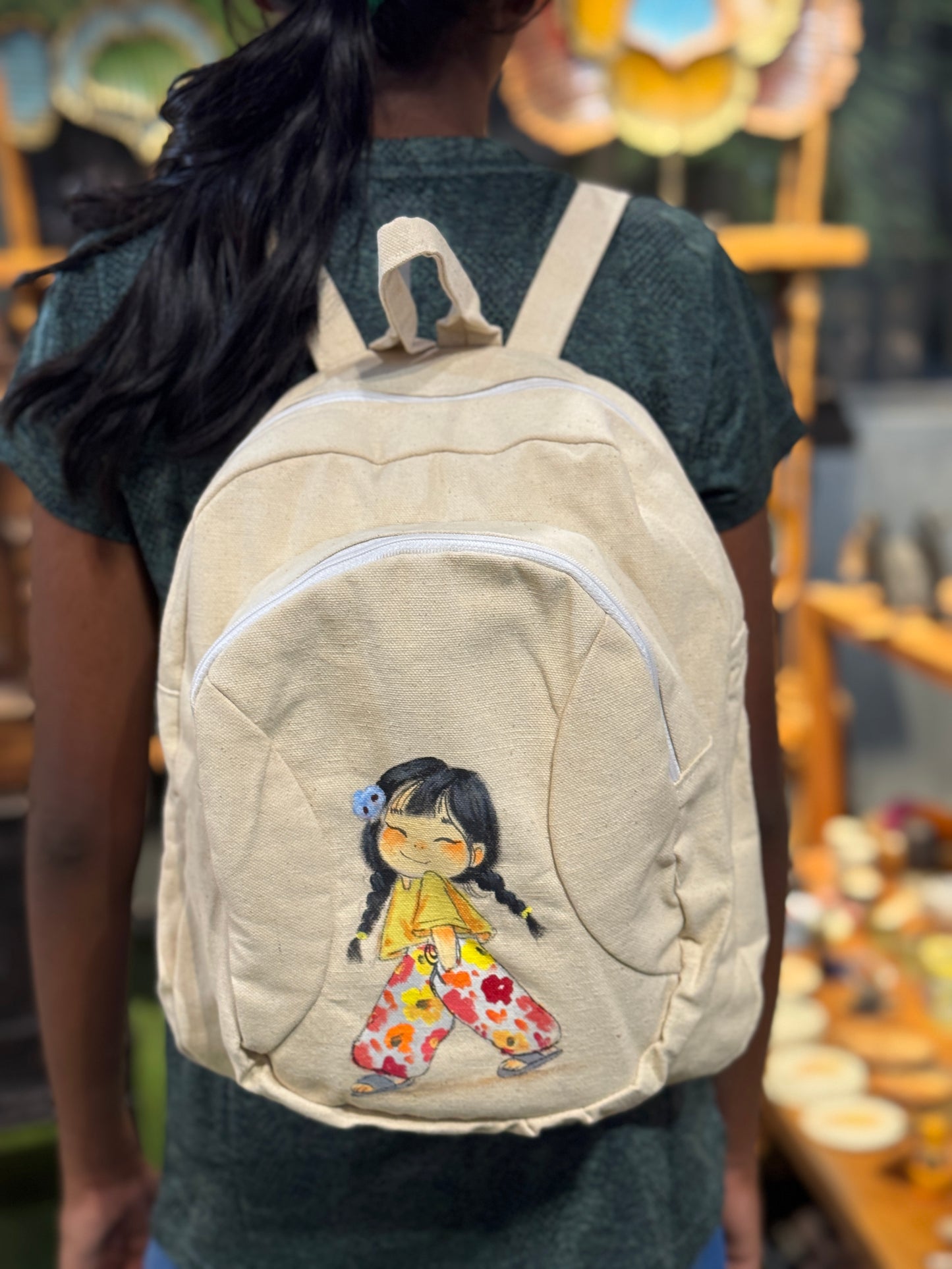 Little girl hand painted Off white canvas backpack with multiple compartments