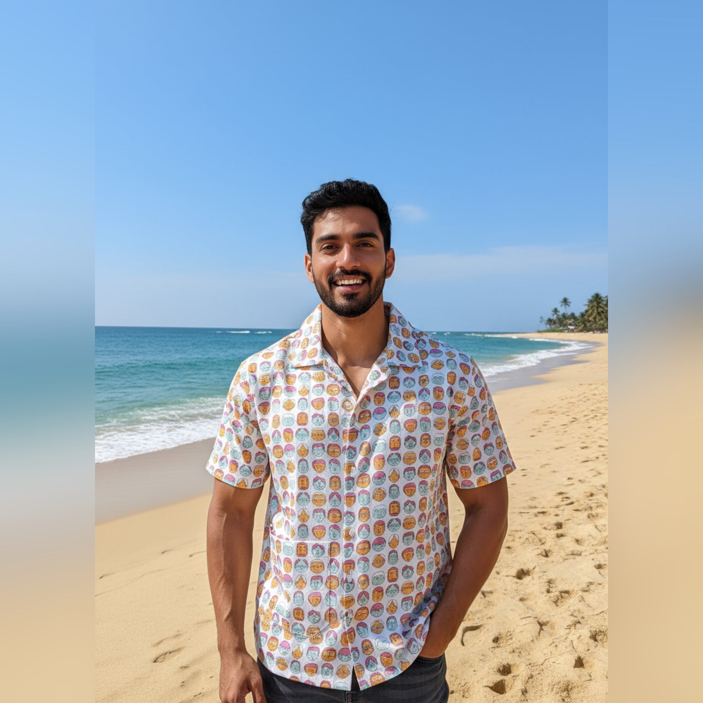 Colorful faces print half sleeves mens hand block printed band collared cotton shirt - vacation vibes