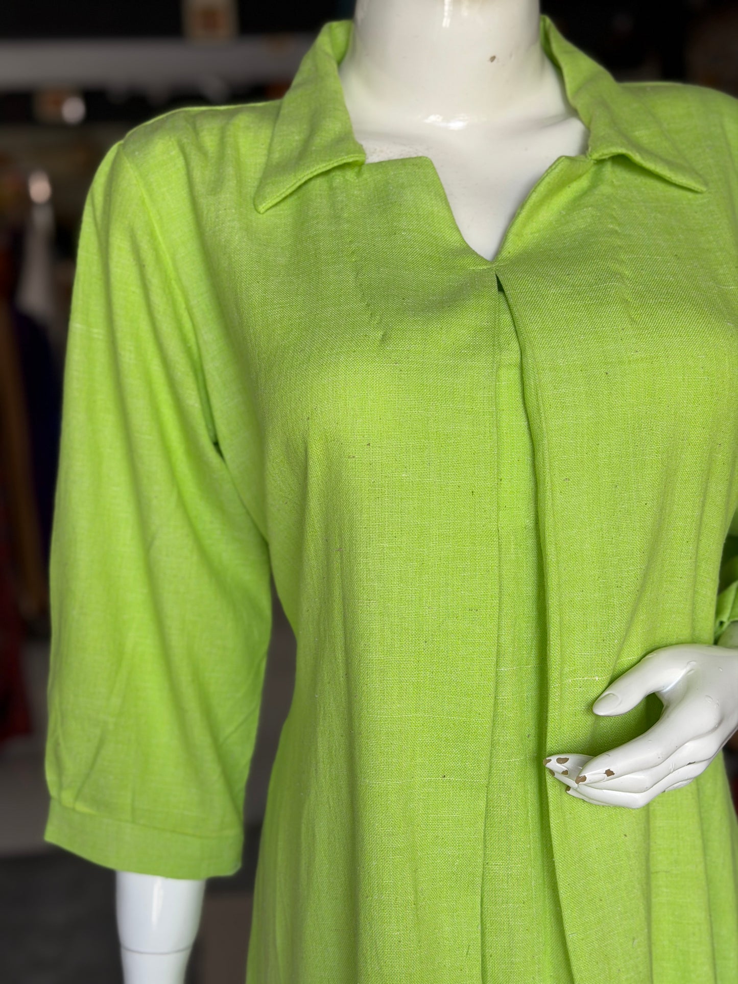 Lime green plain cotton hand spun, hand woven collared dress