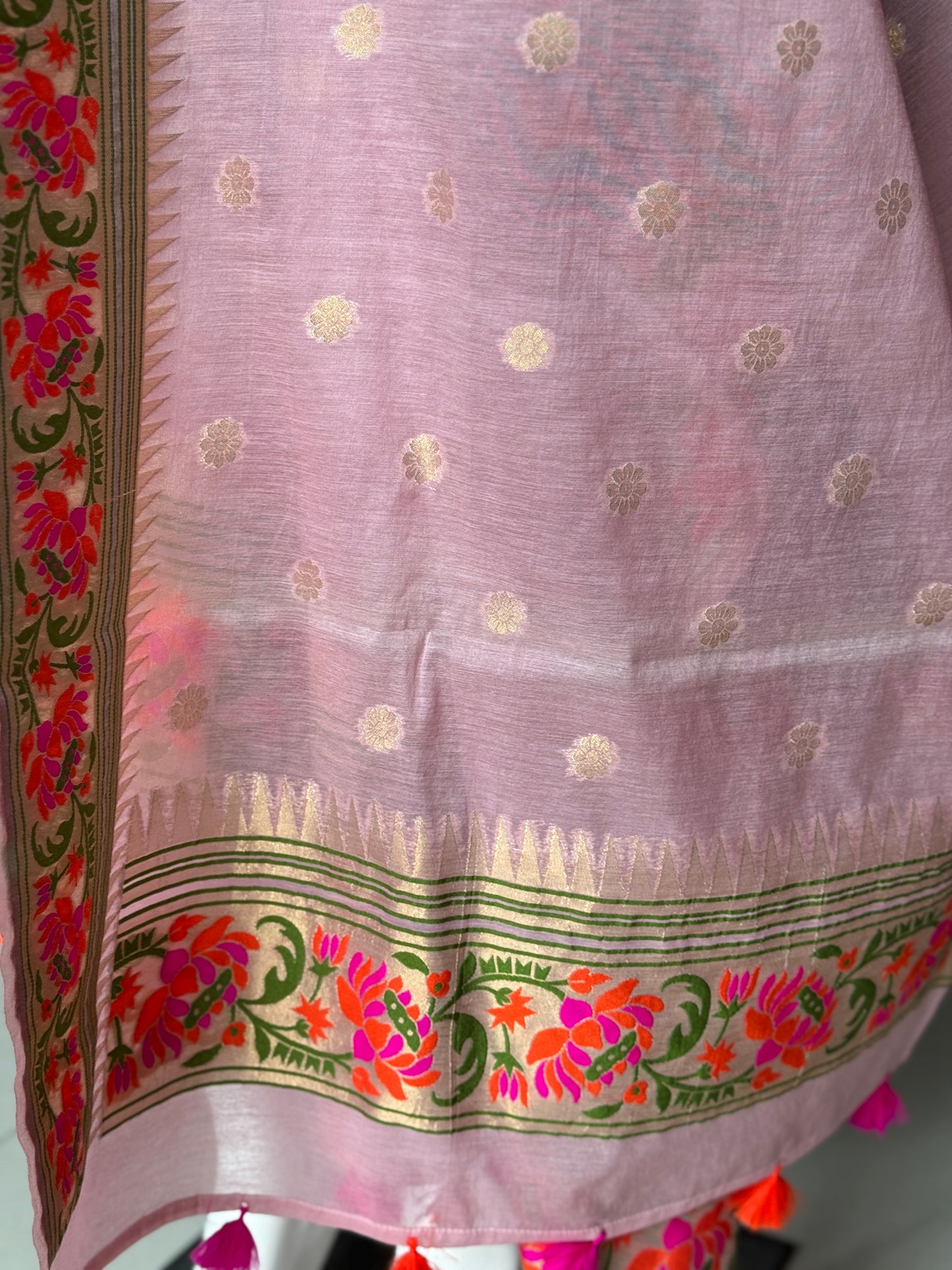 Pink Banarasi floral kurta, dupatta and pants -  3 piece suit set - festive wear set