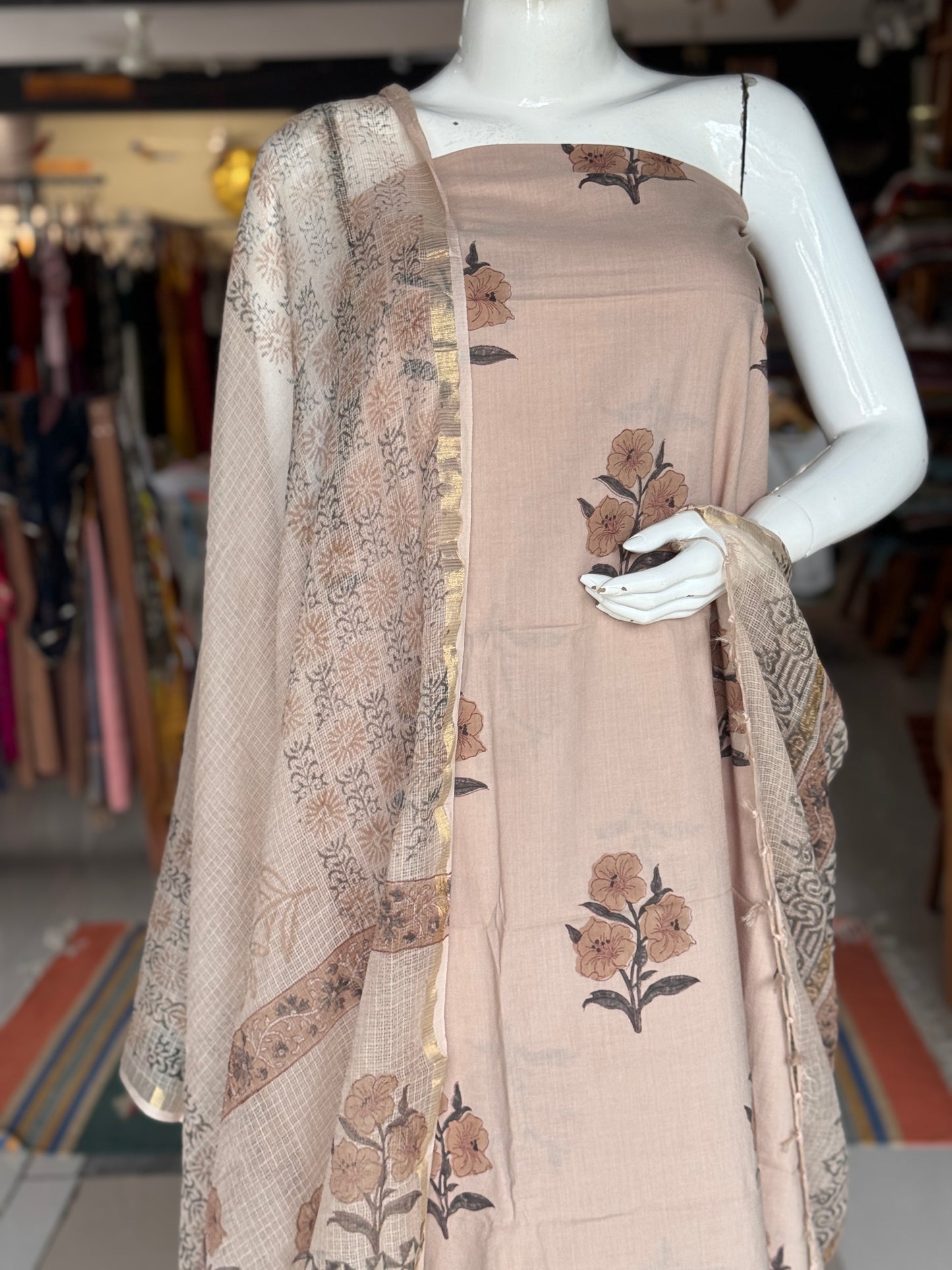 Light brown hand block printed cotton 3 piece unstitched suit set with kota doria dupatta