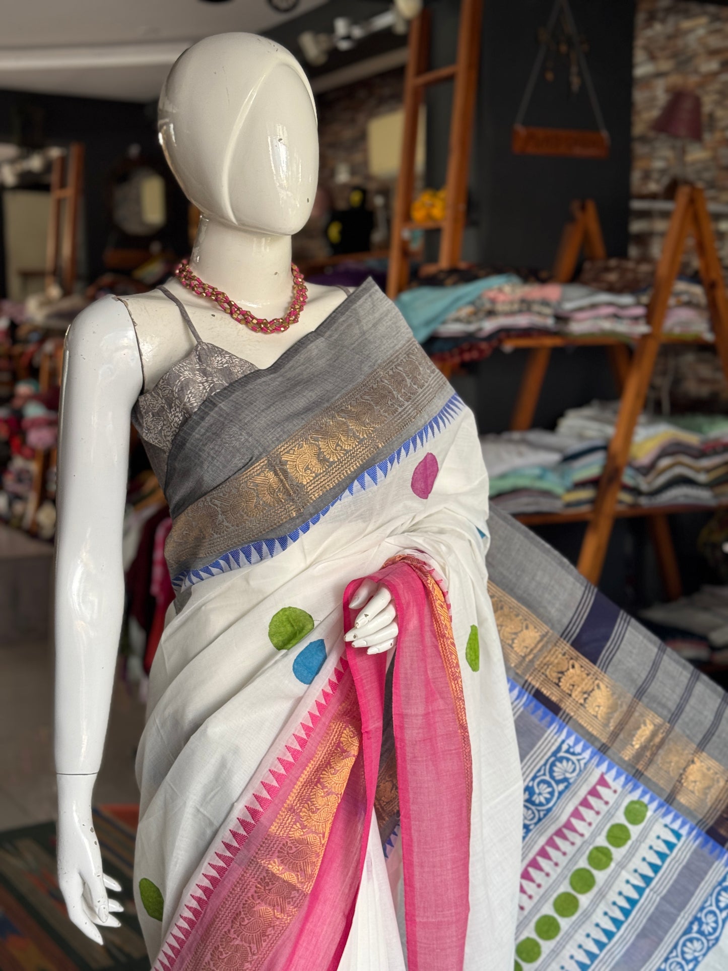 White hand block printed Chettinad cotton saree - colorful circles design