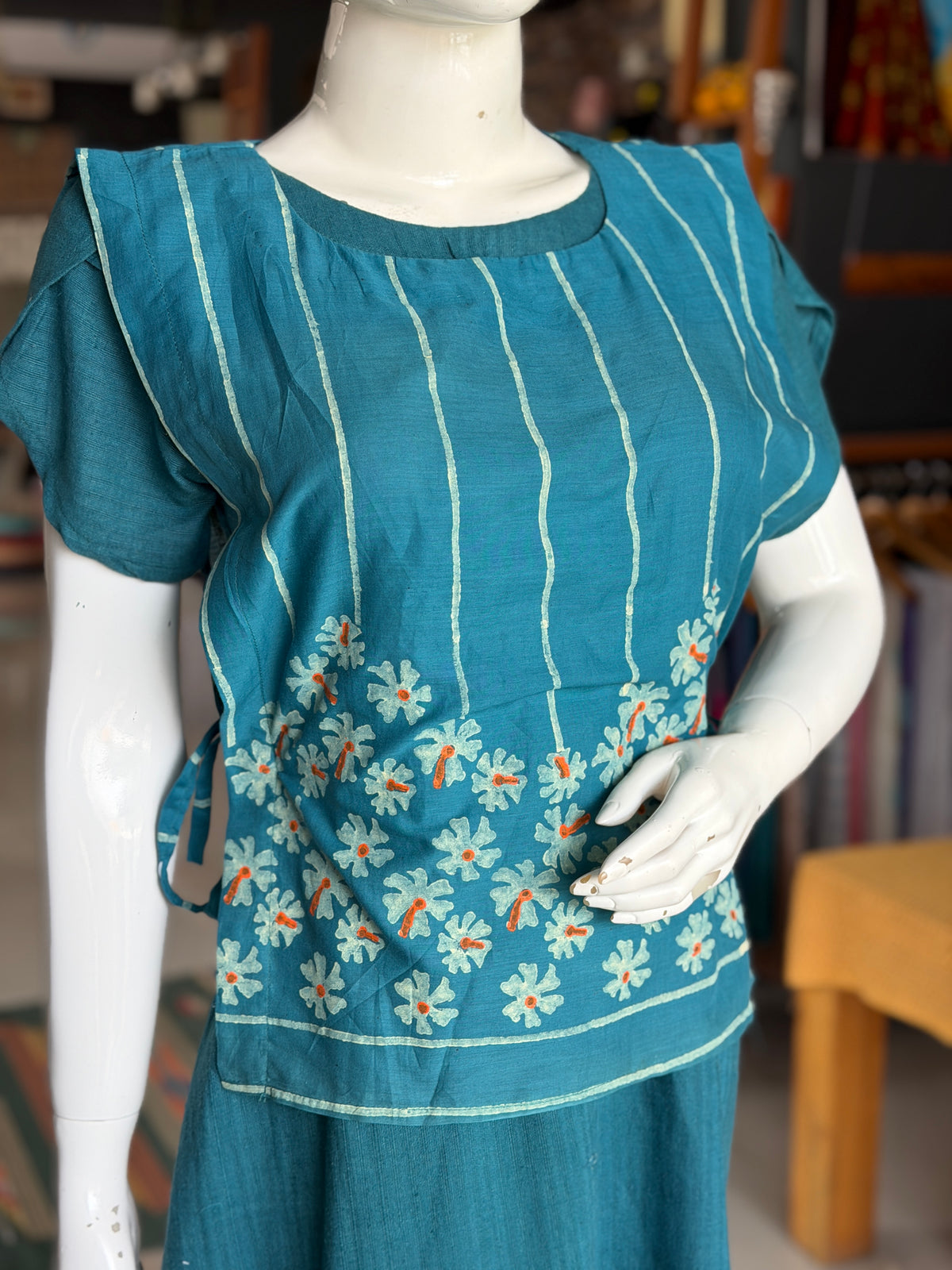 Parijat flower hand block printed cotton free size side ties poncho style layering top
