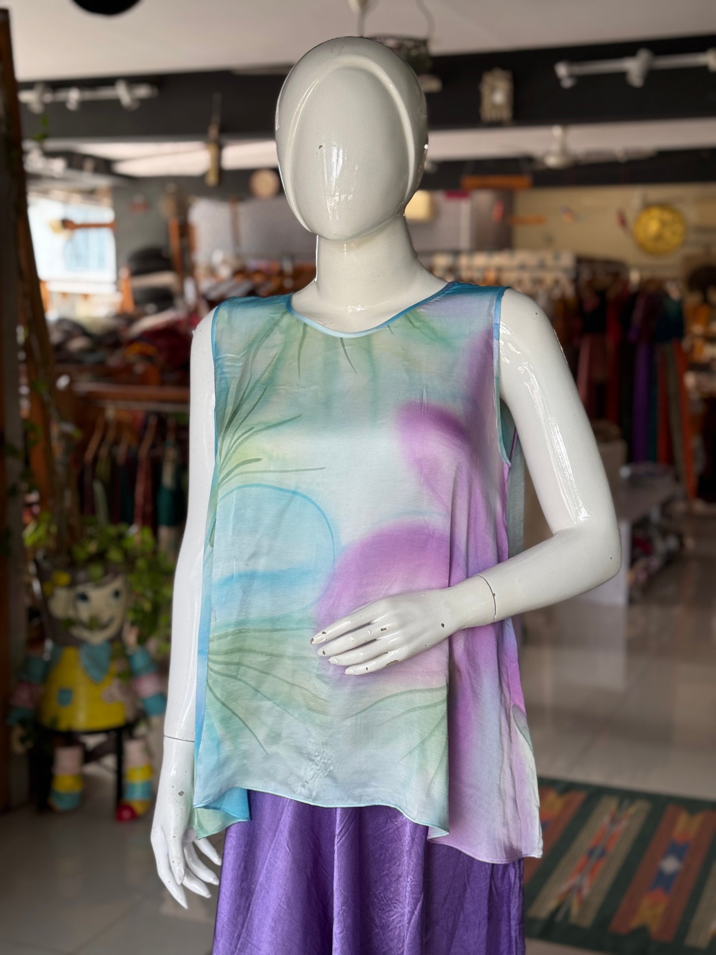 Blue, green and pink modal satin handpainted sleeveless top