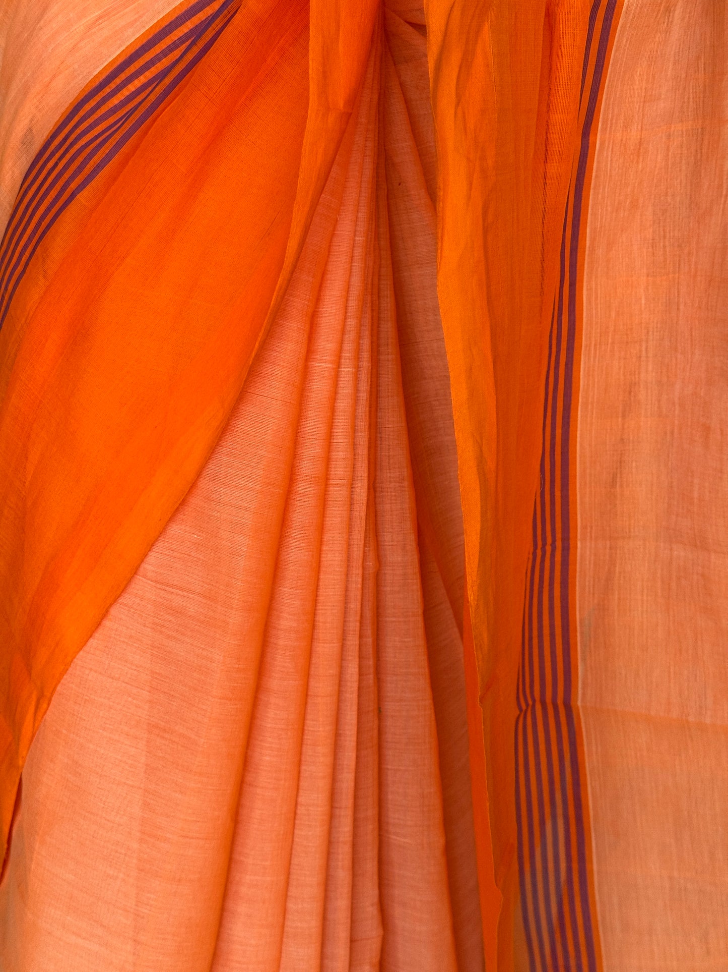 Orange plain cotton saree with stripes wide border light weight soft handloom Bobbili cotton saree