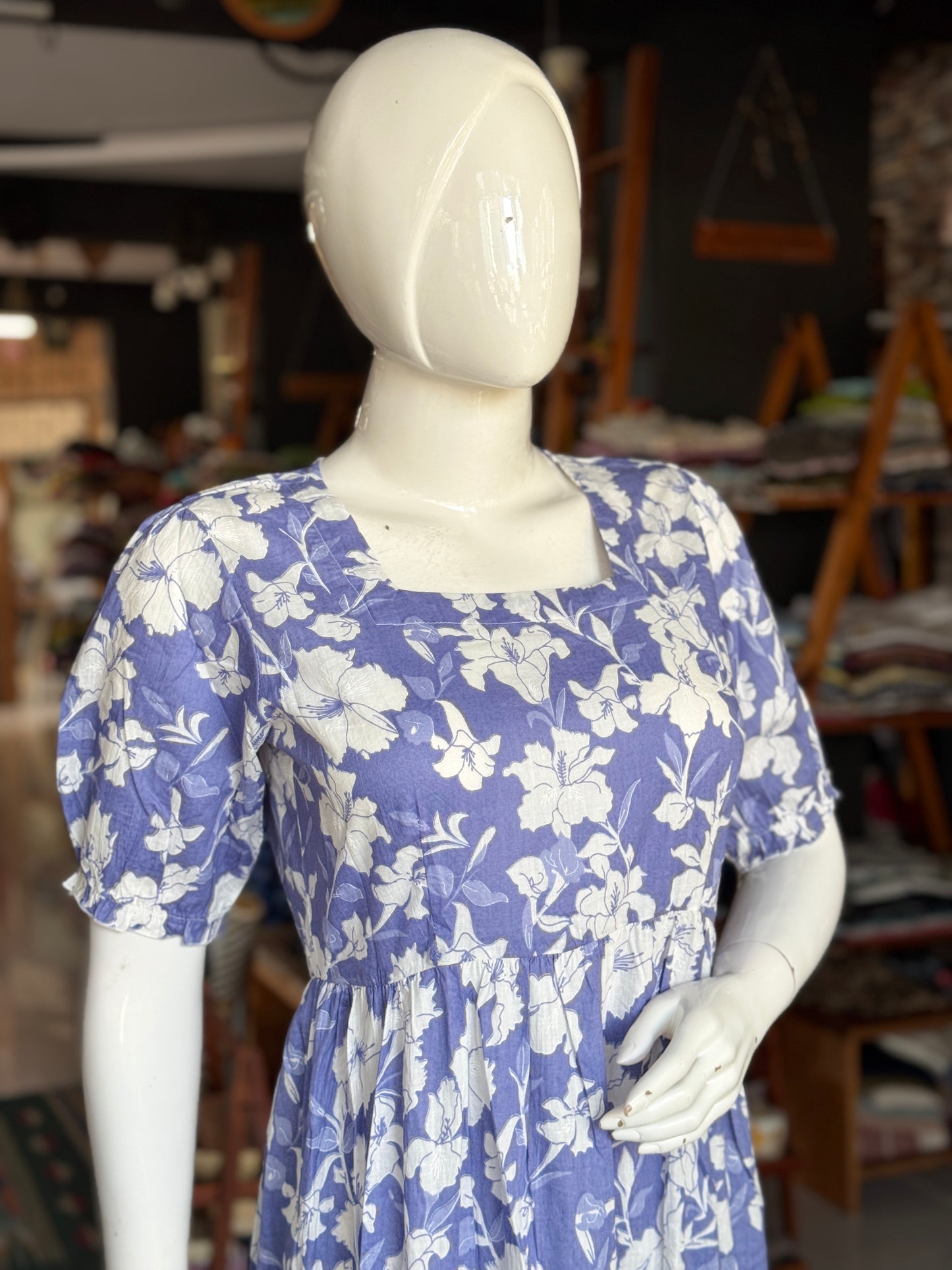 Printed tiered square neck cotton dress with elastic sleeves