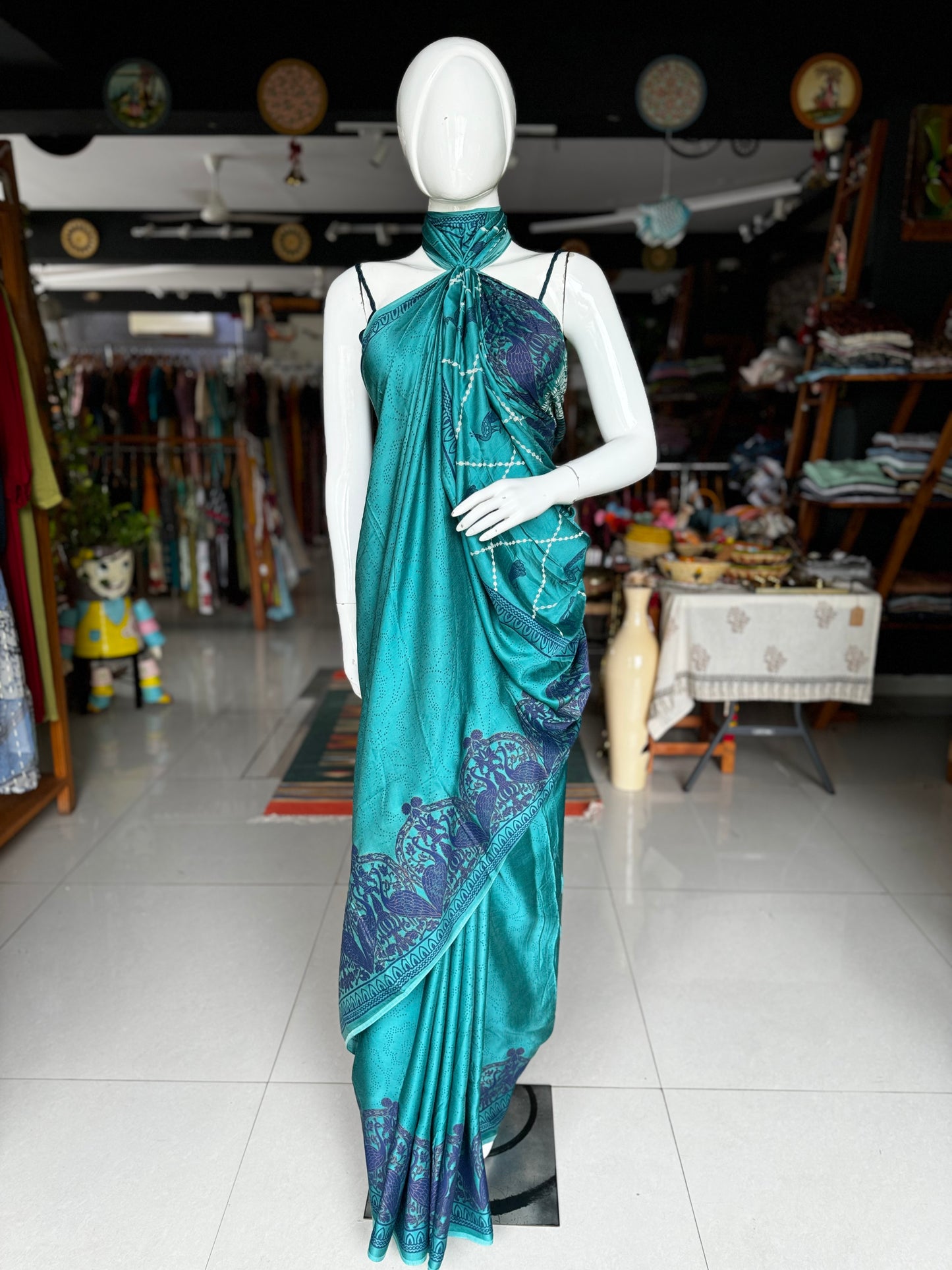 Turquoise hand block print designer modal saree