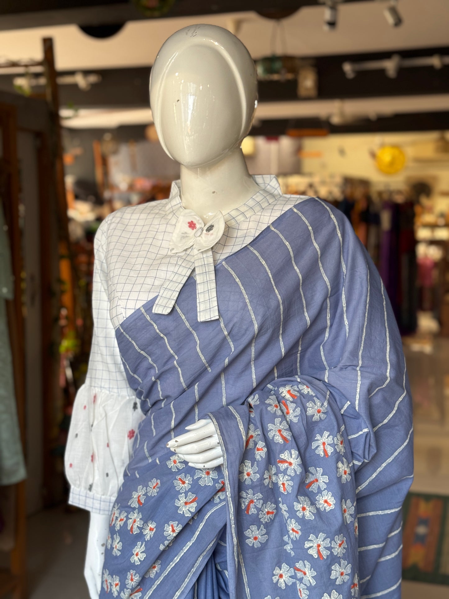 Parijat - the sacred flower - hand block printed light blue cotton saree