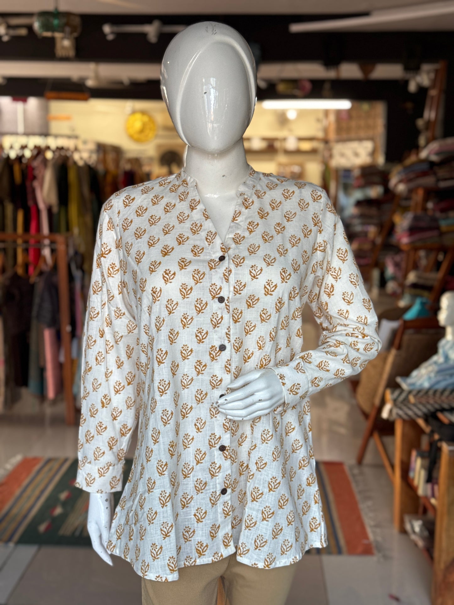 Off white floral Chinese collared top with V-neckline - hand block printed, Hand spun, hand woven cotton