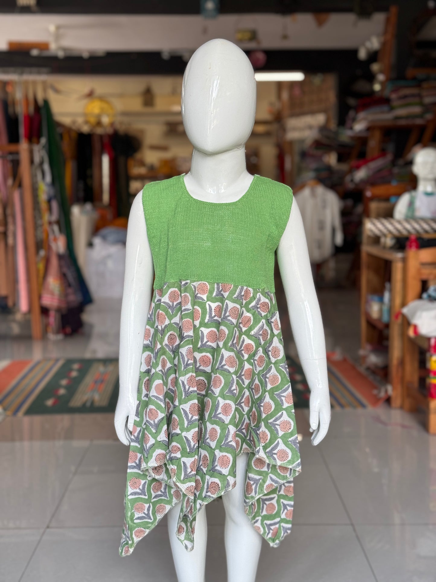 Crochet hand work yoke with hand block printed kerchief cut soft cotton frock