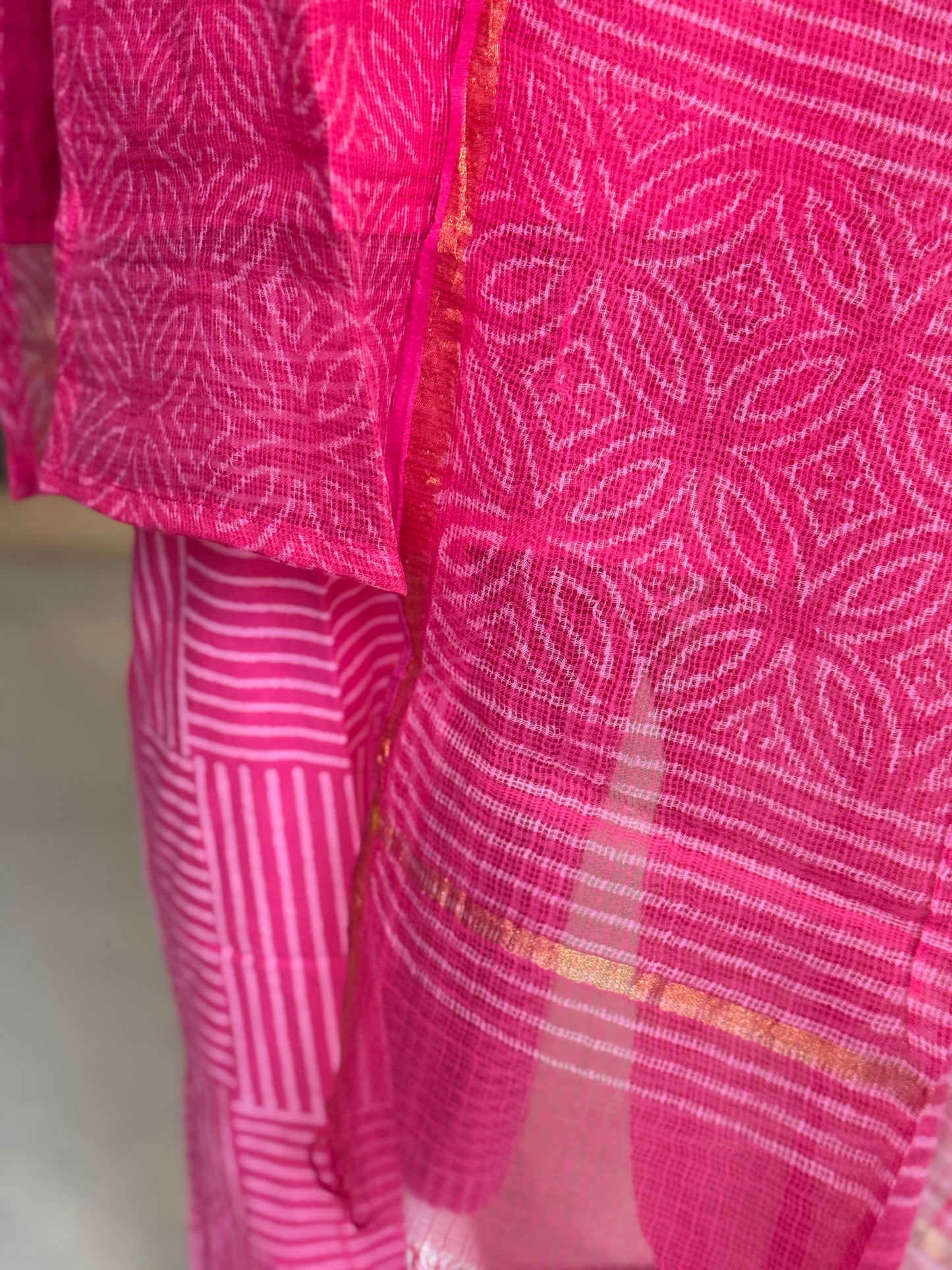 Pink hand block printed kota cotton straight kurti, pants and dupatta set - with hand embroidery