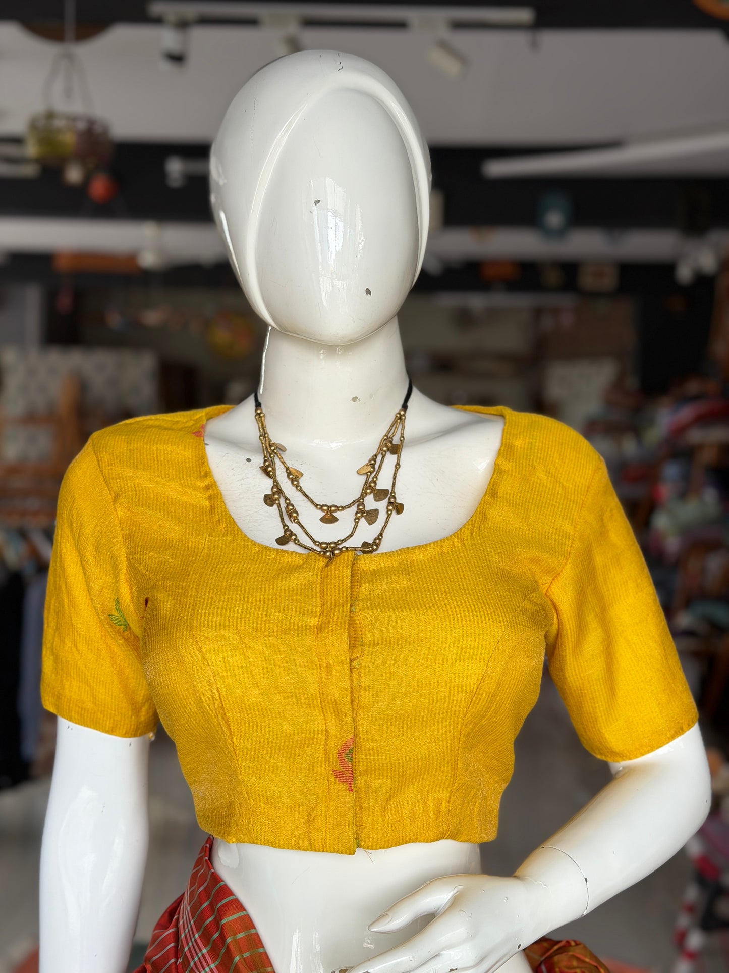 Yellow silk tissue linen jamdani short sleeved front open blouse