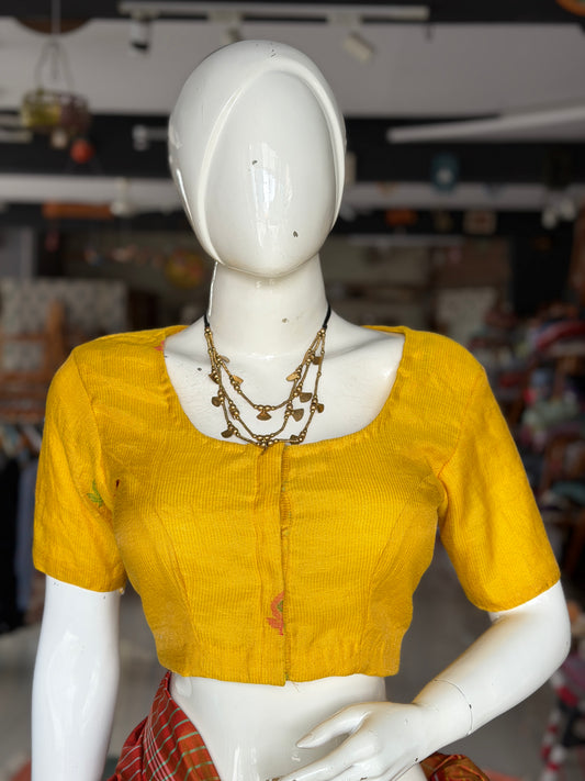 Yellow silk tissue linen jamdani short sleeved front open blouse