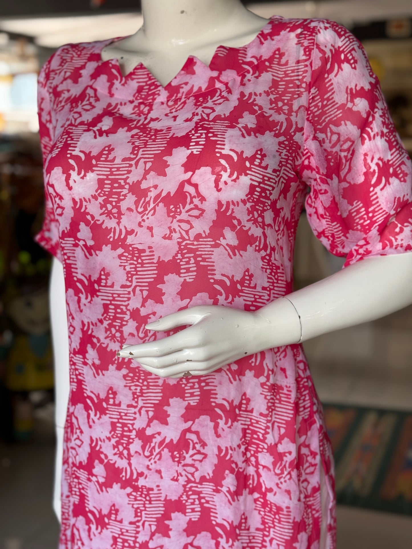 Pink and white hand batik georgette straight kurta