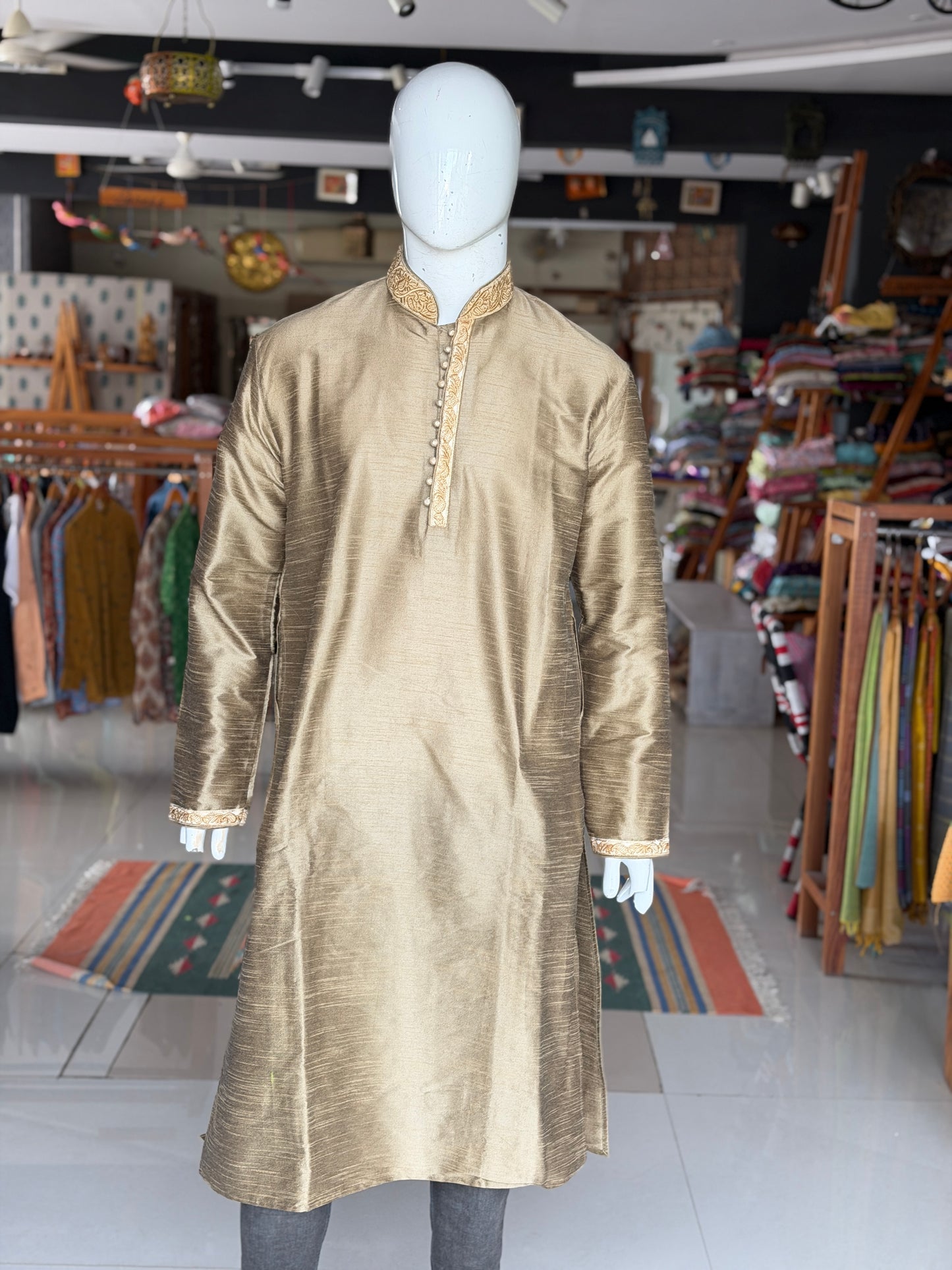 Greenish gold art silk full sleeves long kurta for men with collar and placket embroidery
