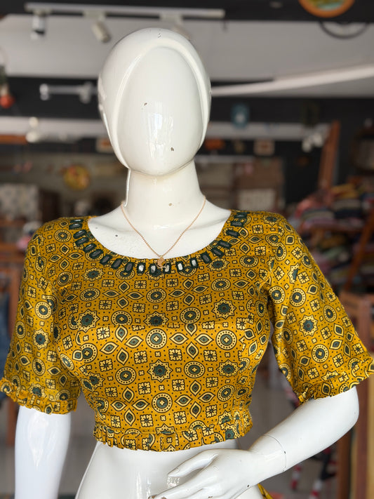 Mustard mashru Ajrakh blouse with mirror work on front neck and back