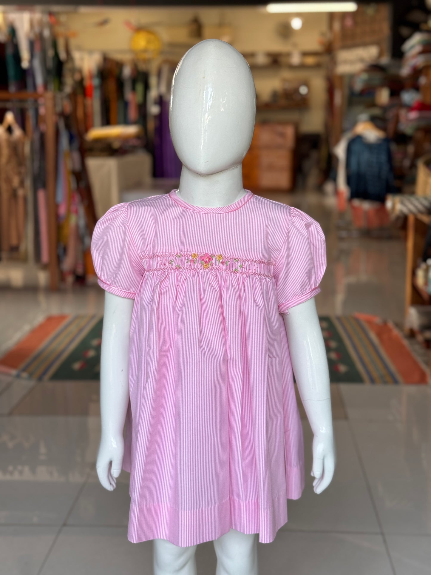Pink stripes hand embroidered smocking cotton frock for girls