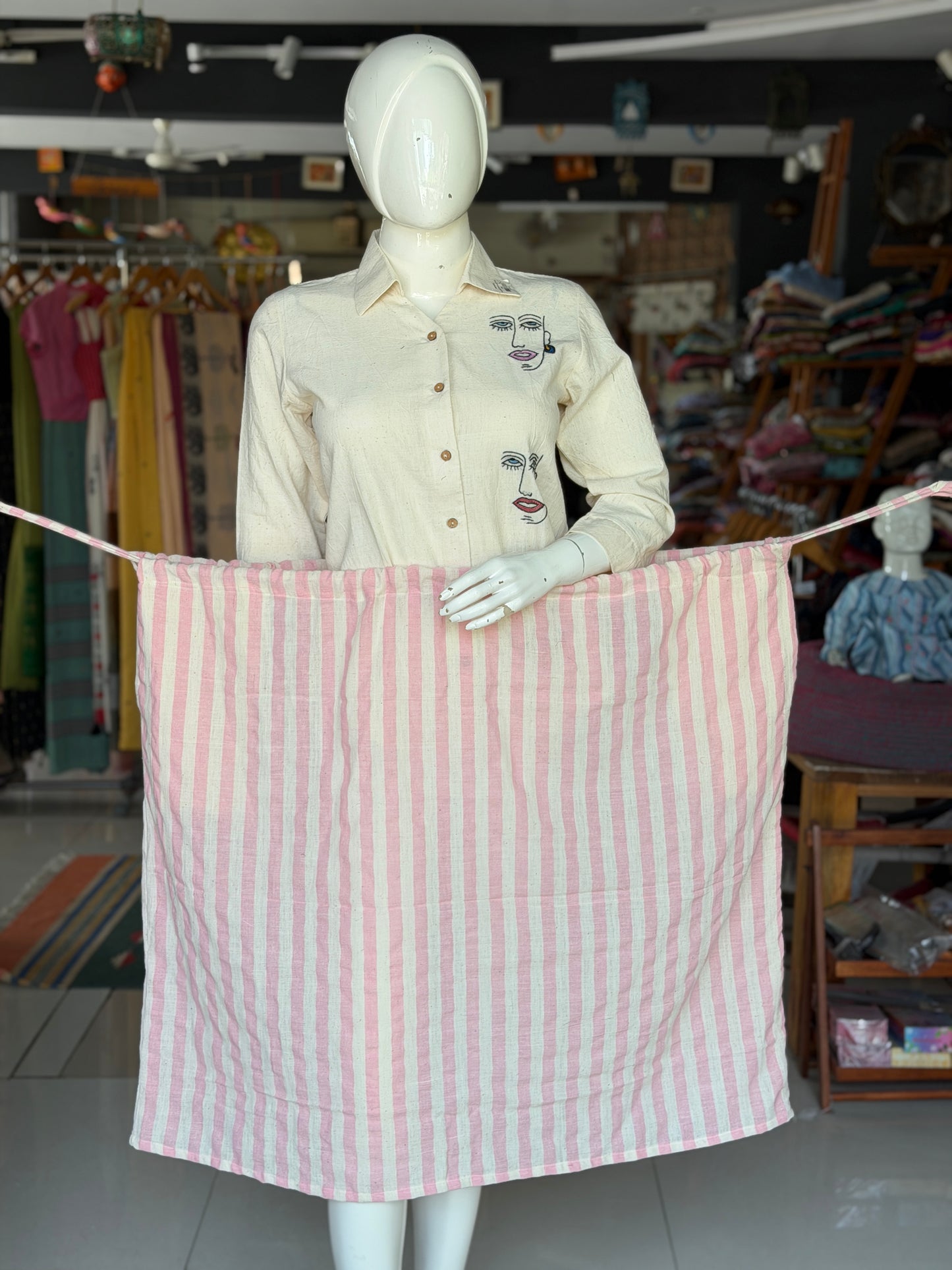 Light pink and off white stripes hand woven kala cotton viral jalu skirt with pockets - free size with both sides draw string
