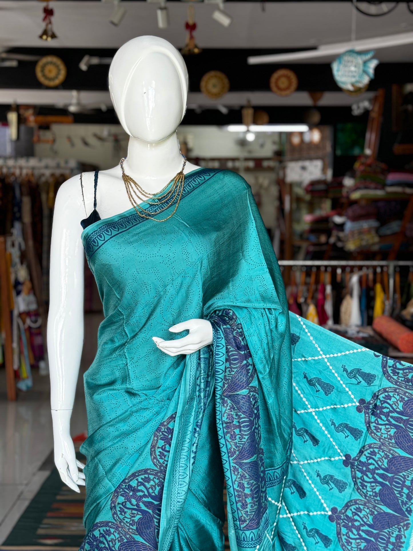 Turquoise hand block print designer modal saree