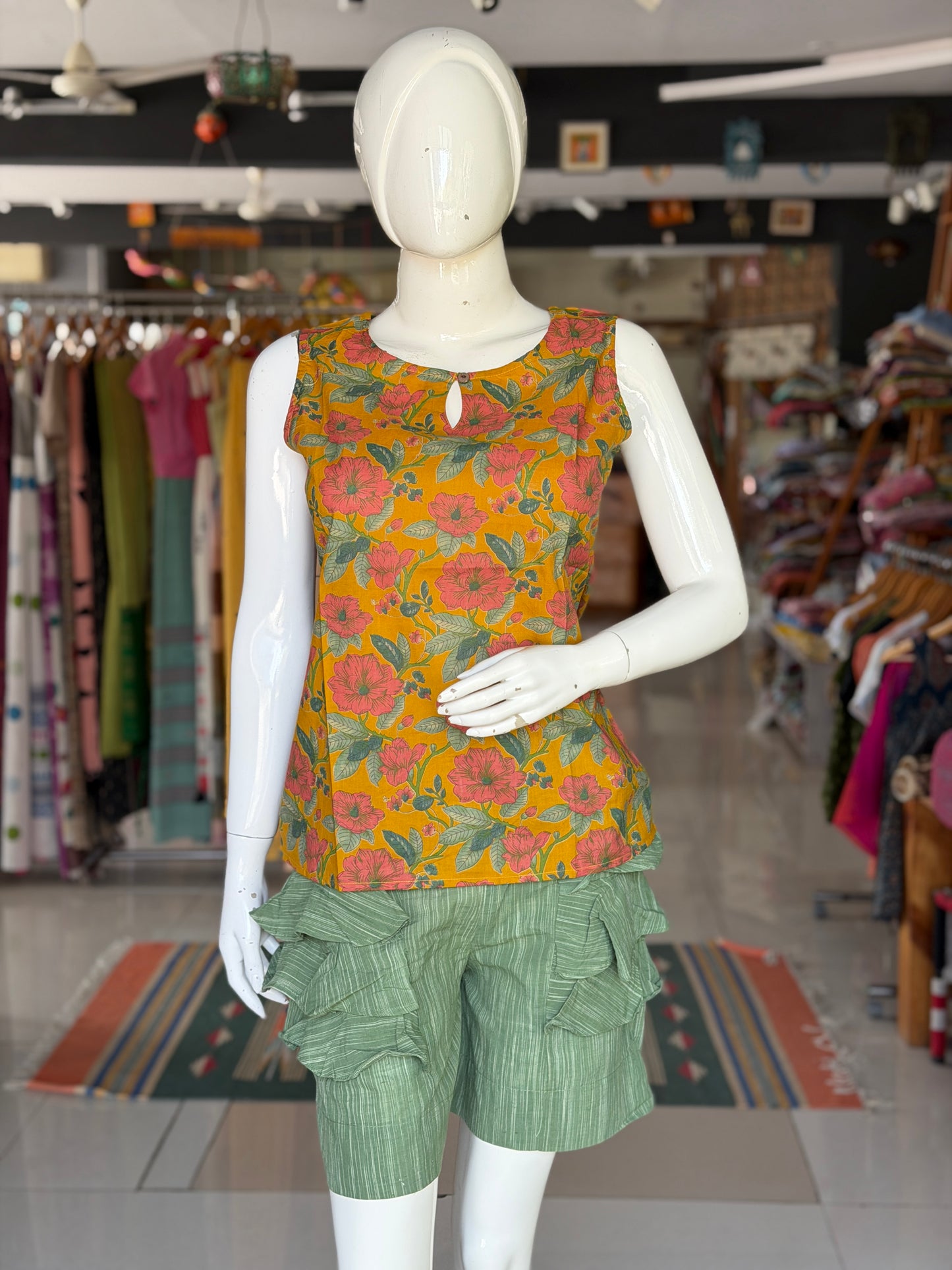 Mustard yellow cotton floral print sleeveless short top