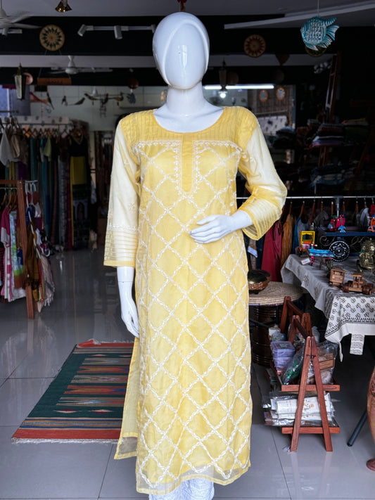 Yellow chikankari hand embroidered organza kurta