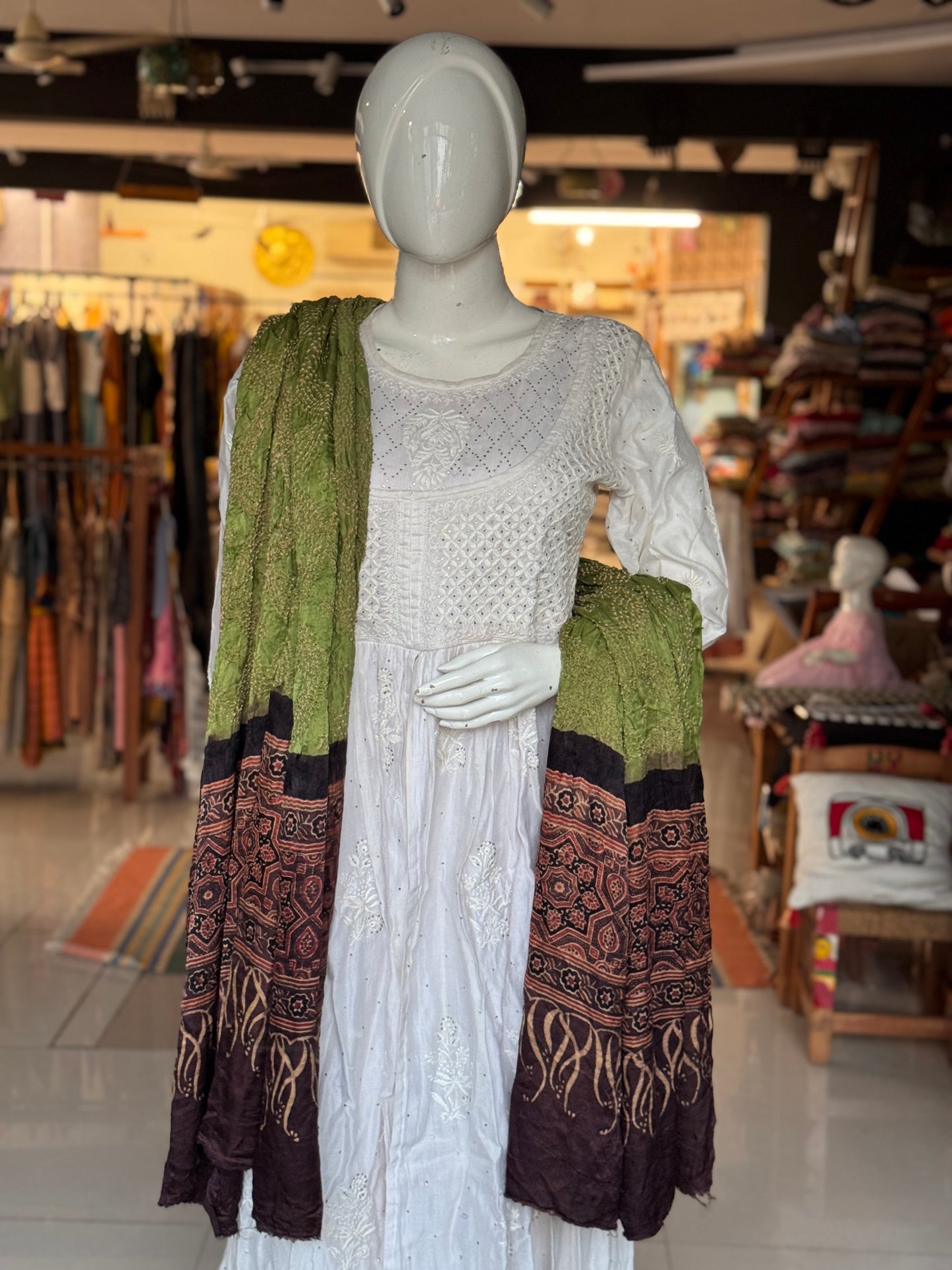 Ajrakh bandini tie dye gajji silk dupatta - fine Bandhej with hand block Ajrakh