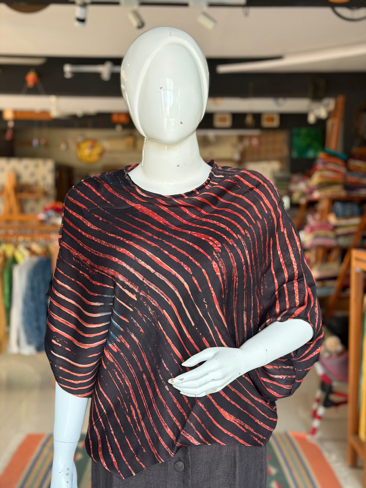 Black and red stripes modal Ajrakh hand block printed oversized top