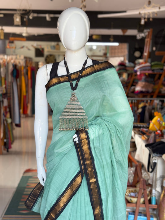 Sea green handloom cotton saree with black Kuppadam zari border