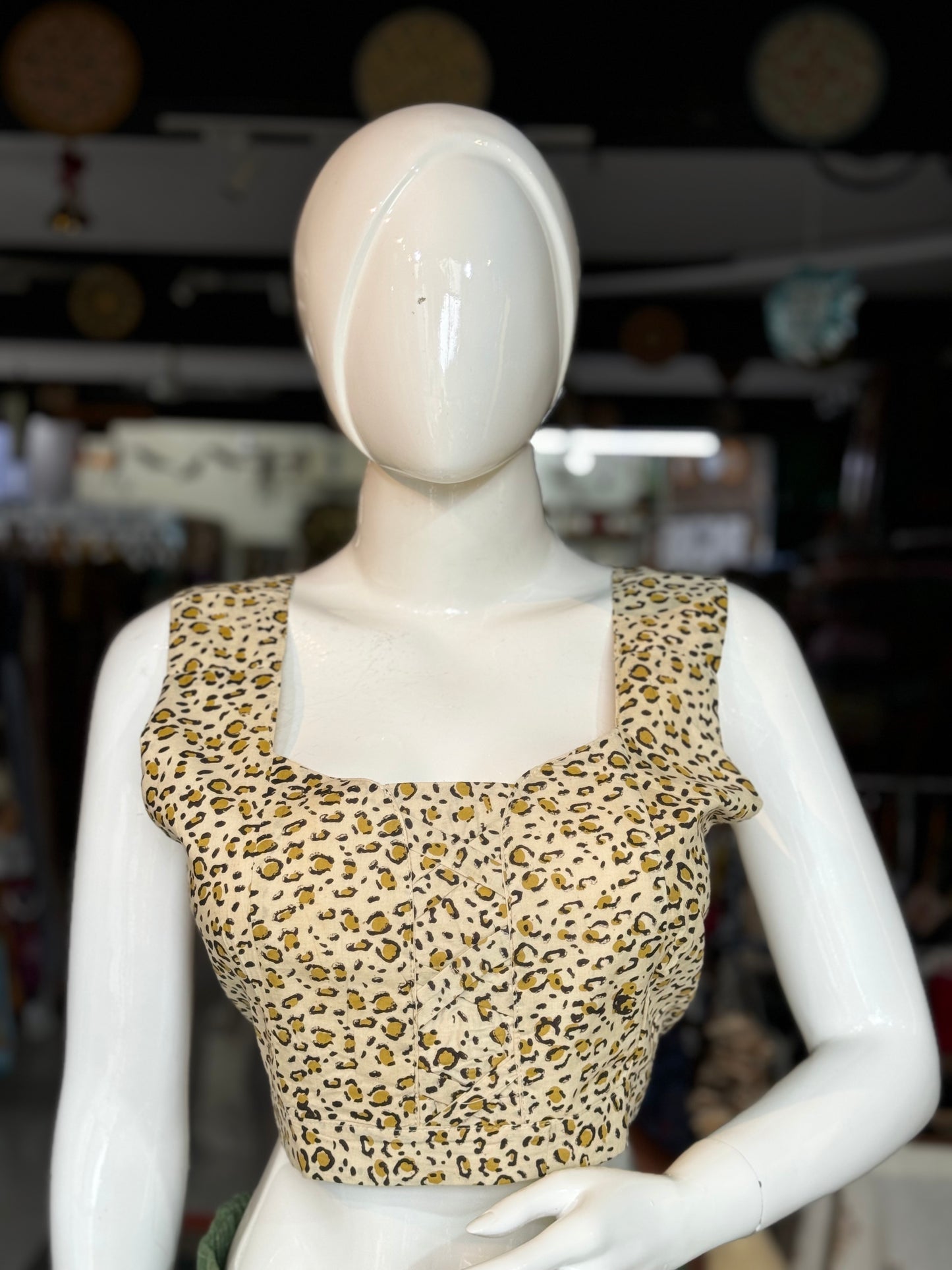 Beige leopard hand block printed cotton crop top / blouse