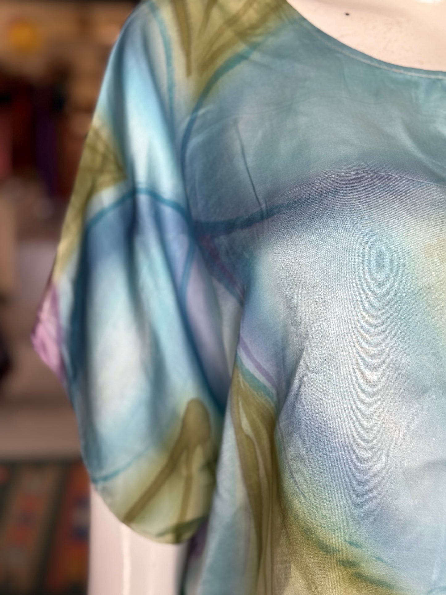 Blue, green and pink hand-painted modal satin kaftan crop top