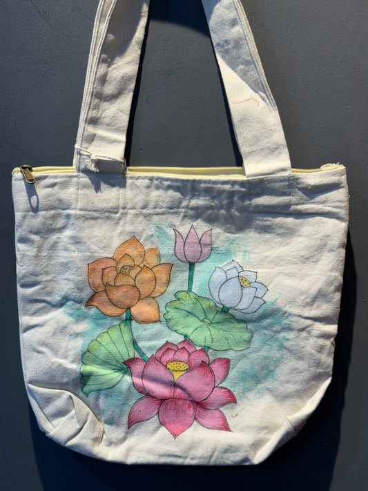 Lotus design hand painted cotton canvas hand bag with zipper closure