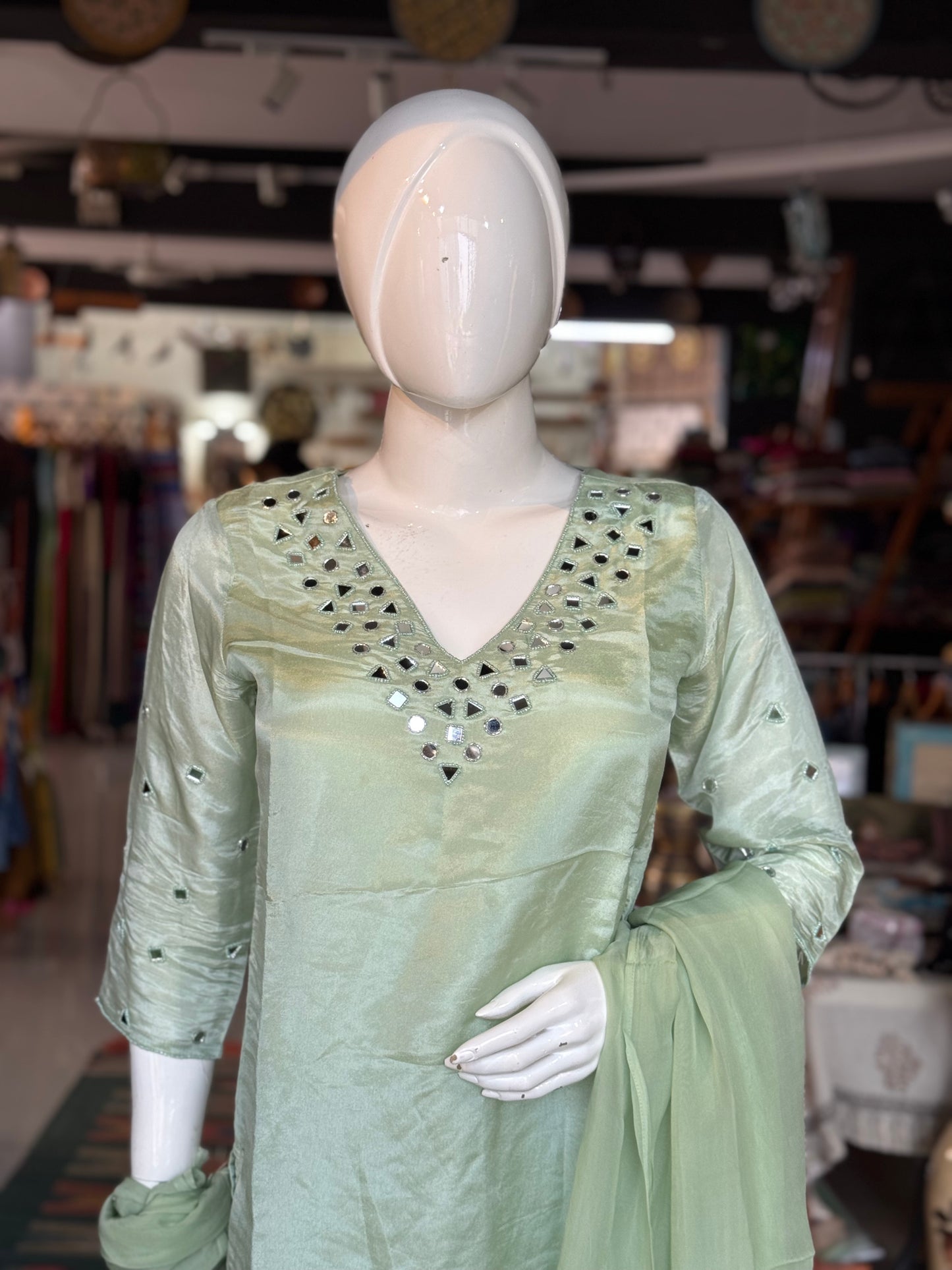 Pastel green real mirror embroidered tissue 3 piece suit set - festive wear set