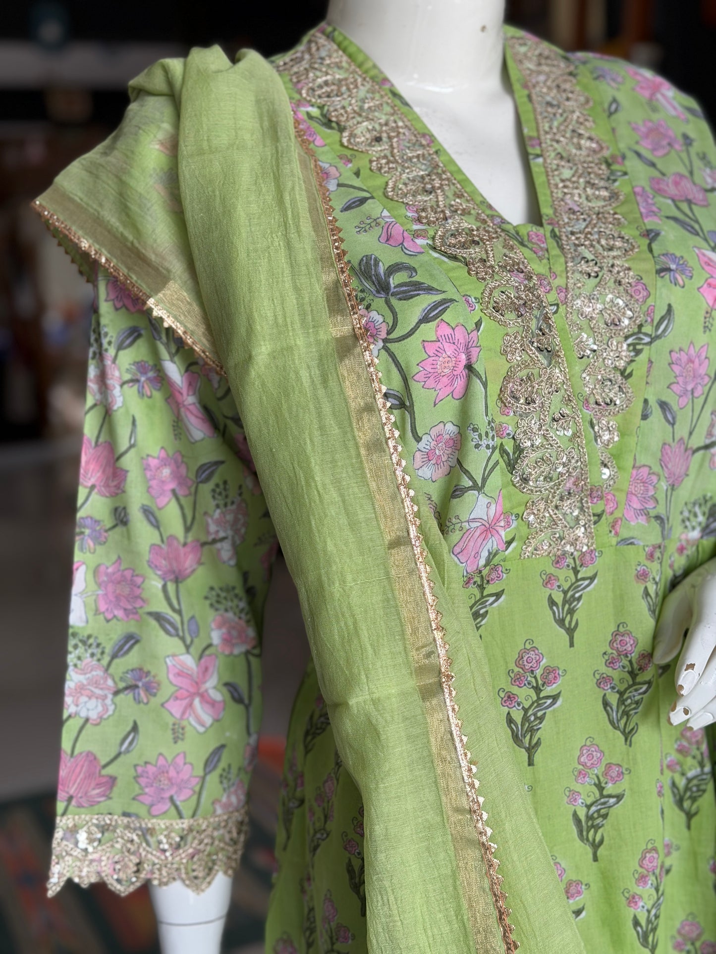 Green floral hand block print with lace detailing flared kurti, pants and dupatta - 3 piece set