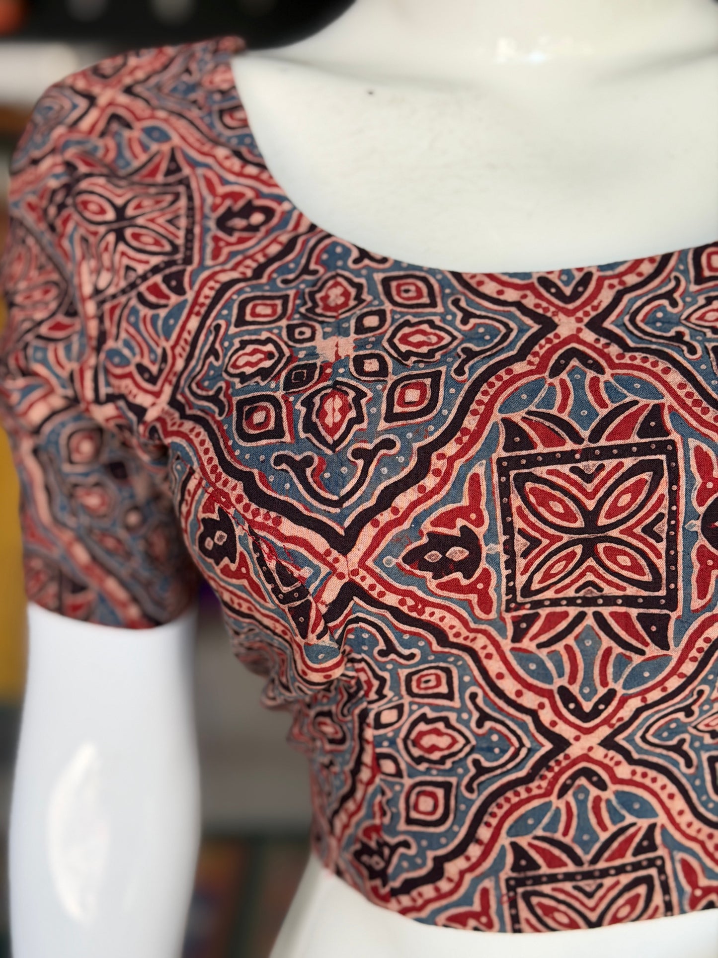 Maroon and Indigo Ajrakh handblock printed, natural dyed cotton back open blouse