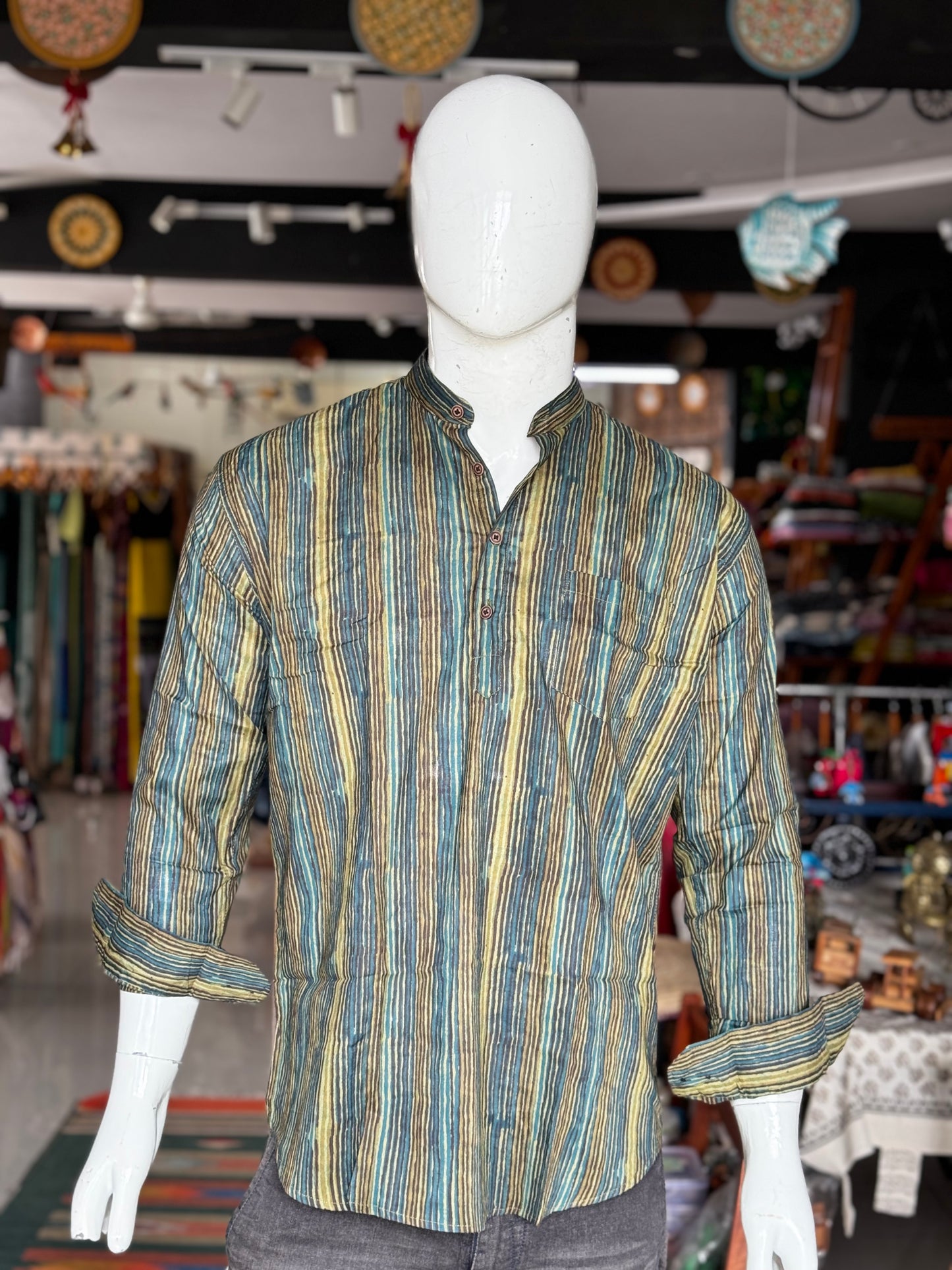 Green and yellow stripes handblock printed full sleeves cotton short kurta for men